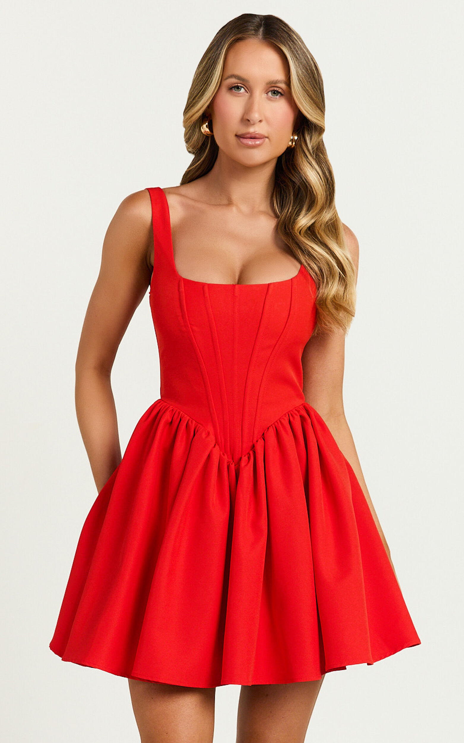 Aimee Mini Dress - Scoop Neck Corset Gathered Dress in Red