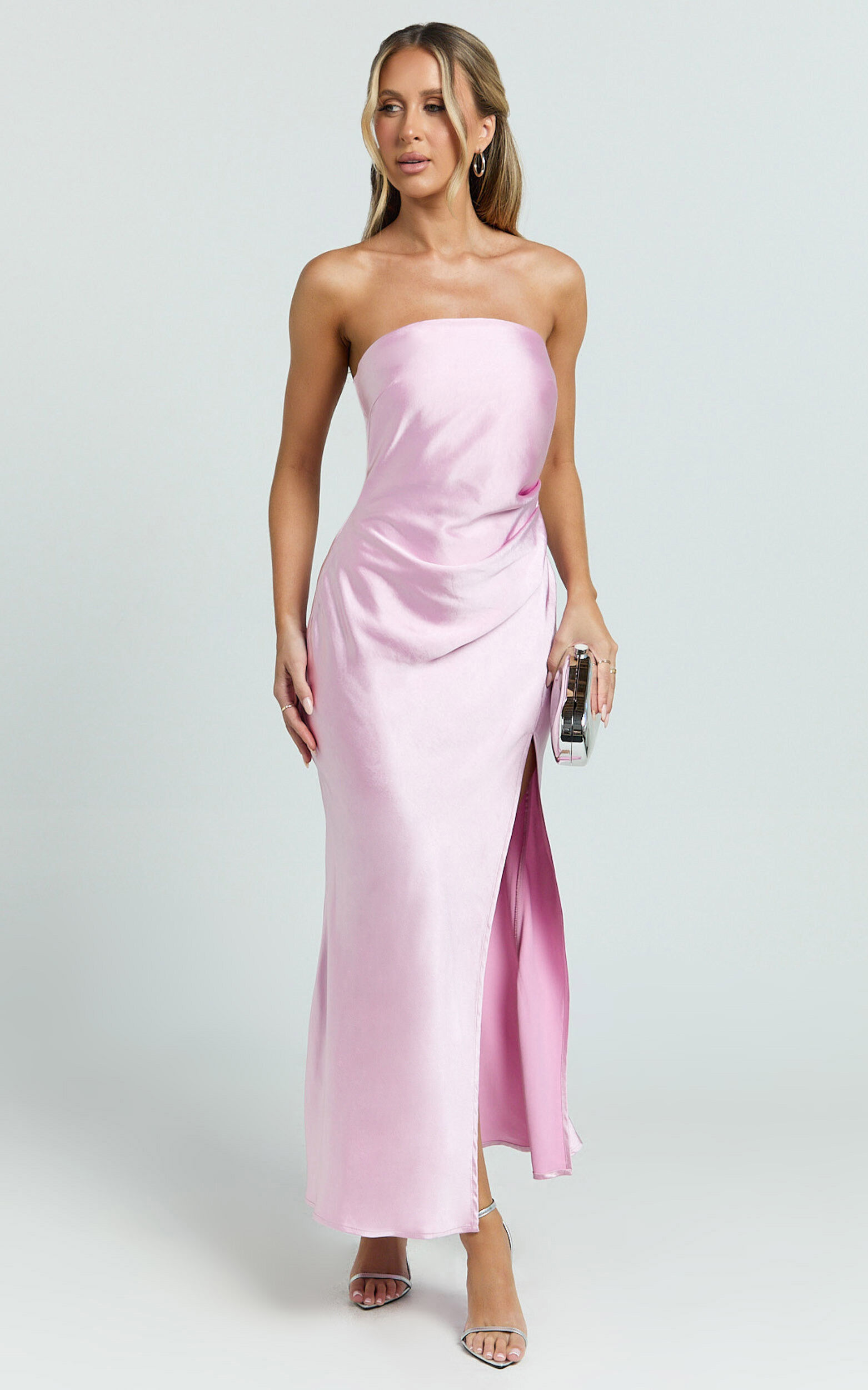 Glenda Midi Dress - Satin Strapless Side Split Dress in Pink