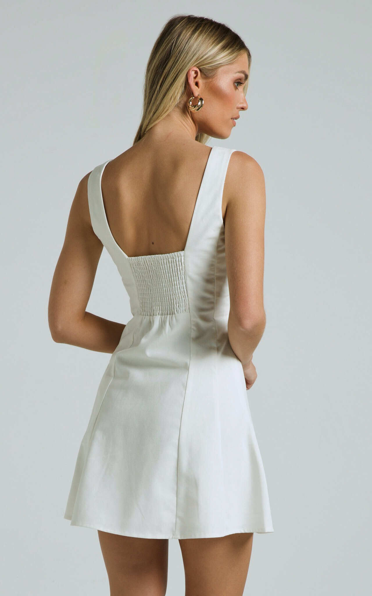 Adiana Mini Dress - Linen Square Neck Shirred Back A Line Dress in Off White