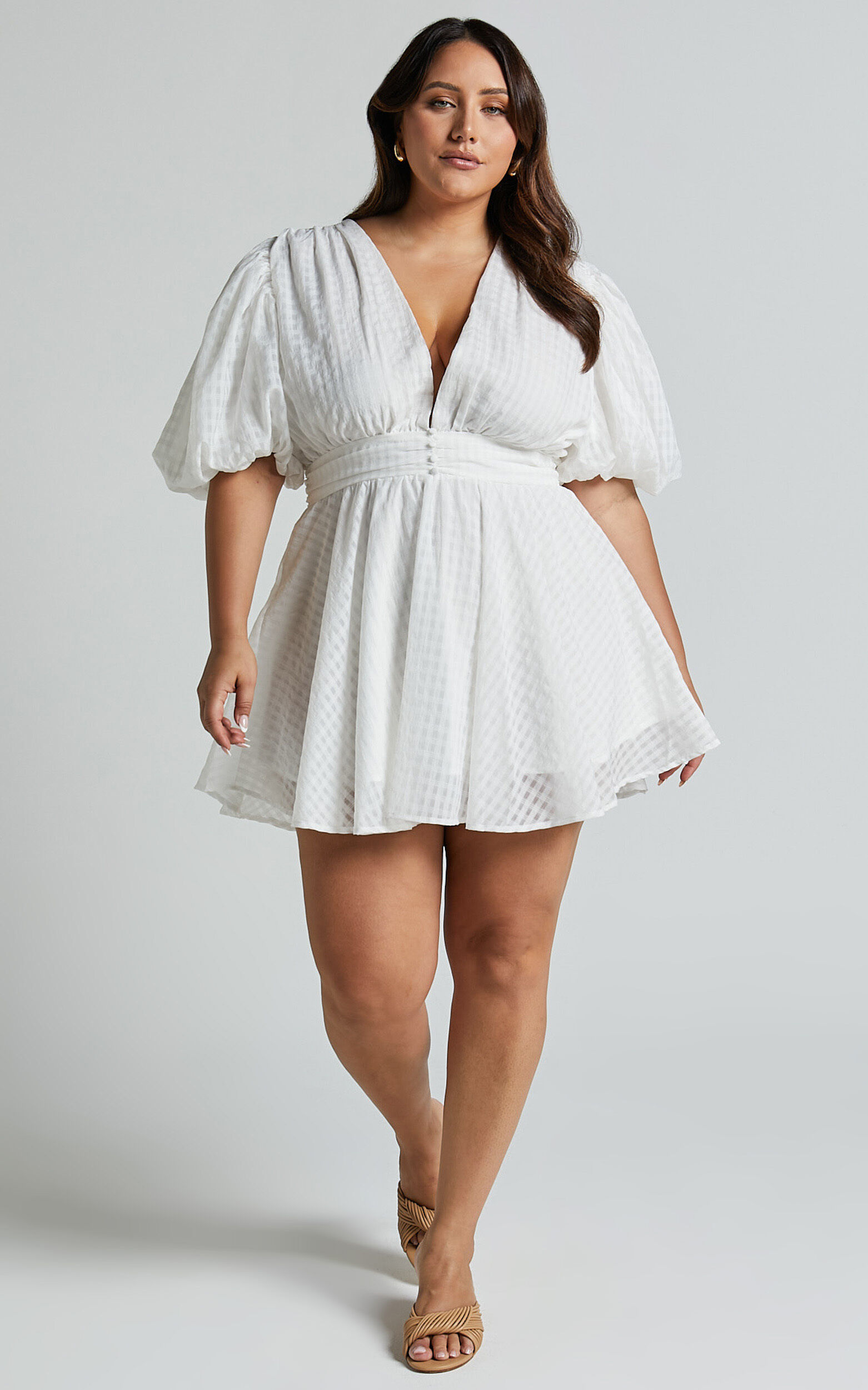 Xandy Mini Dress - Textured Puff Sleeve Plunge Dress in White