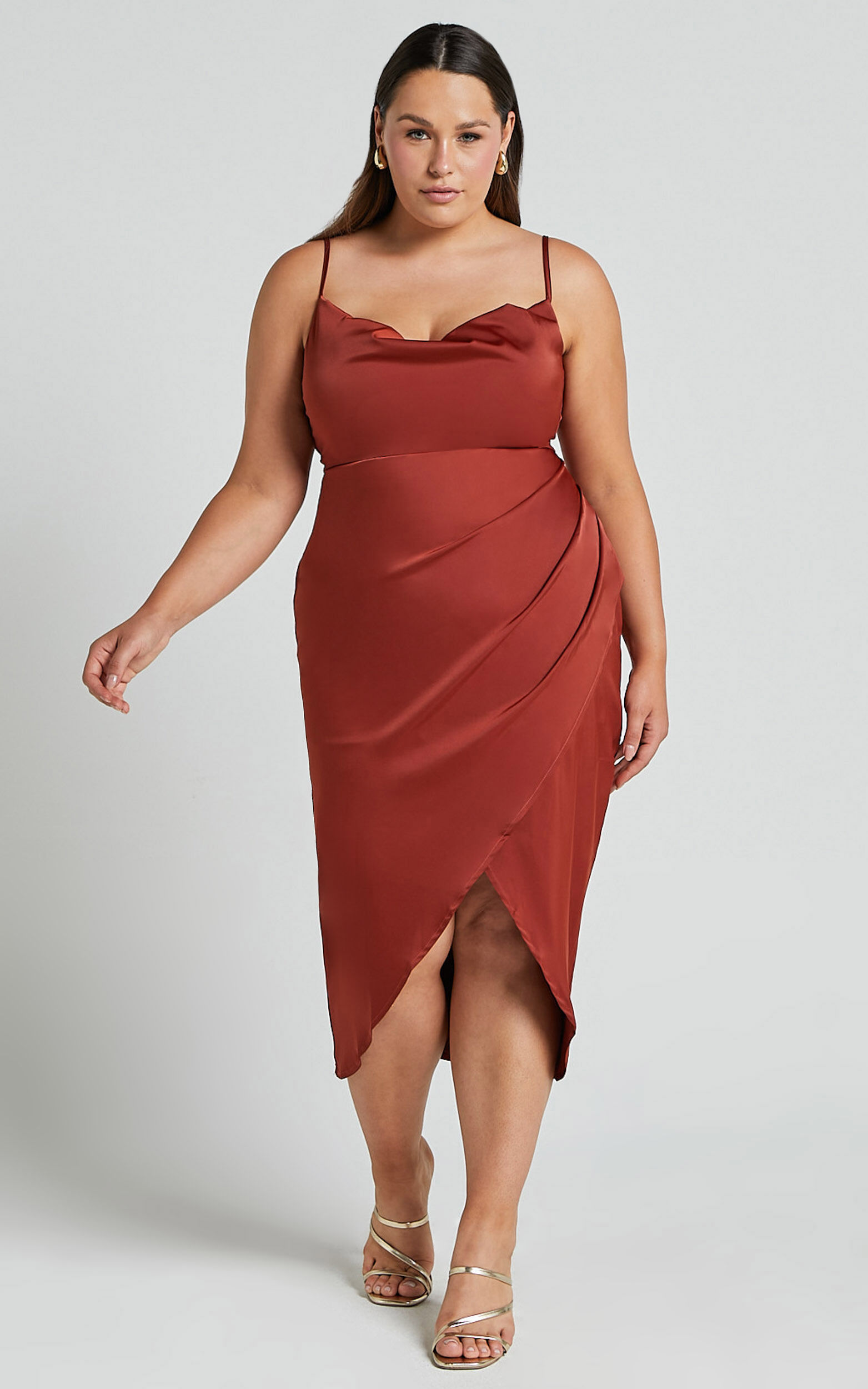 Dazzling Lights Midi Dress - Cowl Neck Draped Dress in Copper Satin