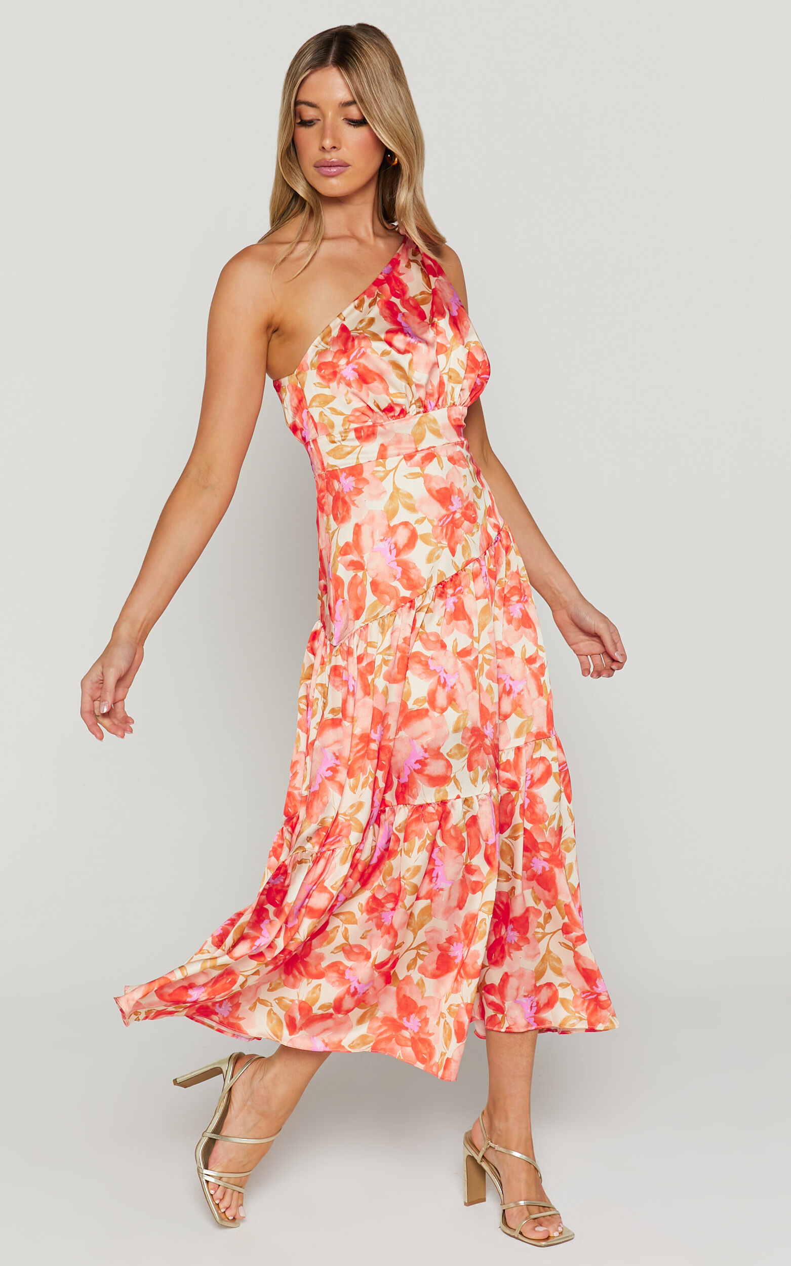 Georgine Midi Dress - One Shoulder Ruched Tiered Dress in AUTUMN FLORAL