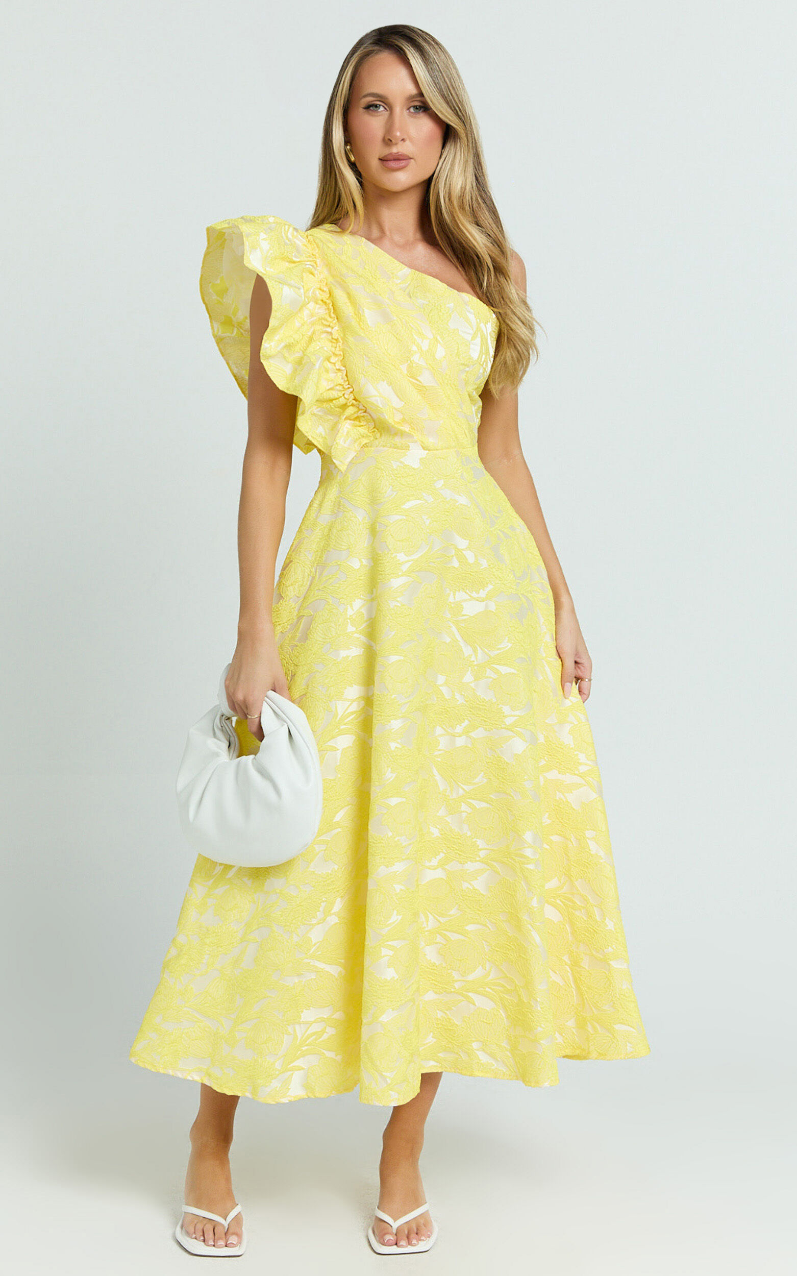 Alfreda Midi Dress - One Shoulder Ruffle Detail Brailey Jacquard Dress in Yellow Jacquard