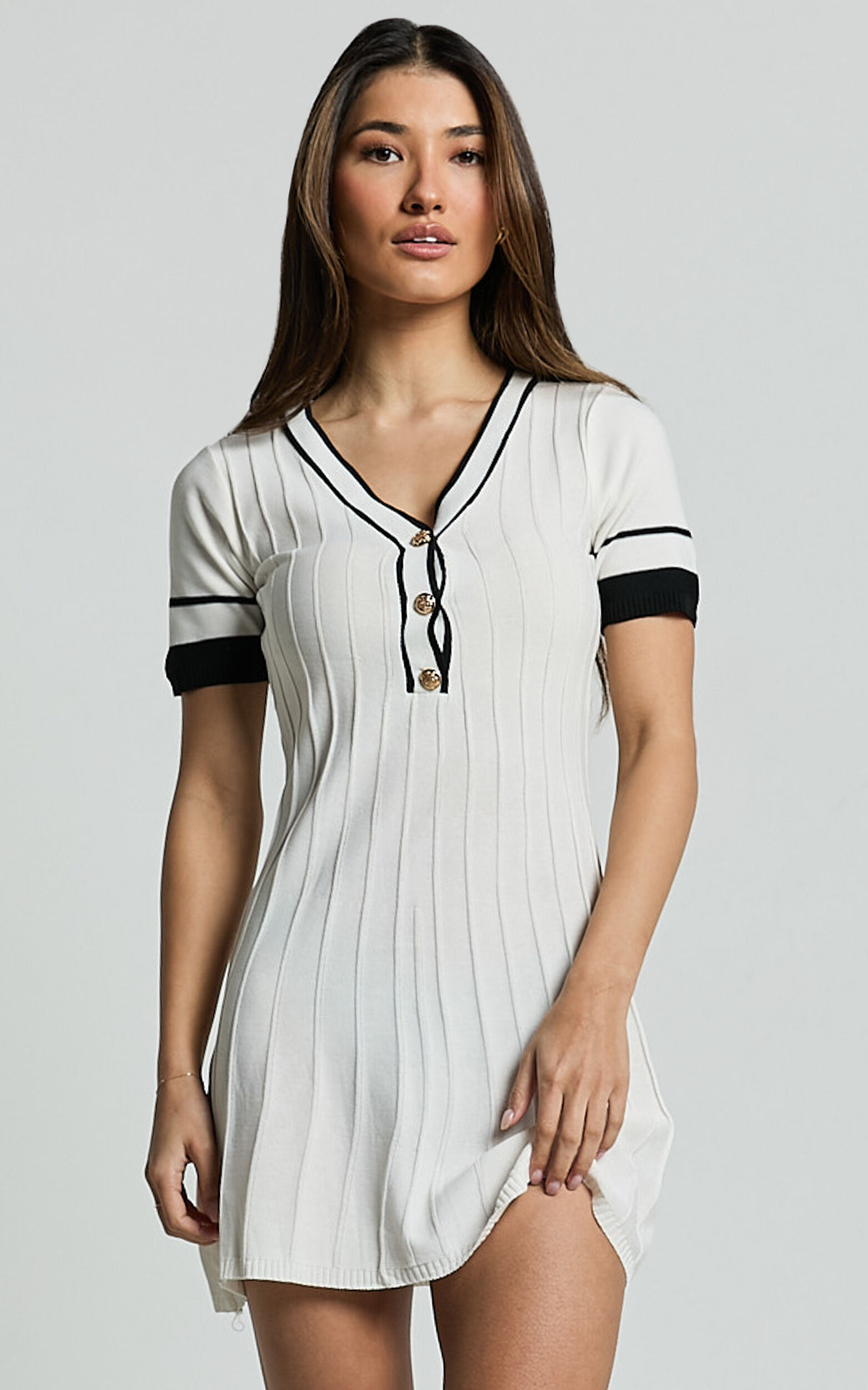 Cassandra Mini Dress - Knit Contrast Mini Dress in Ivory/Black