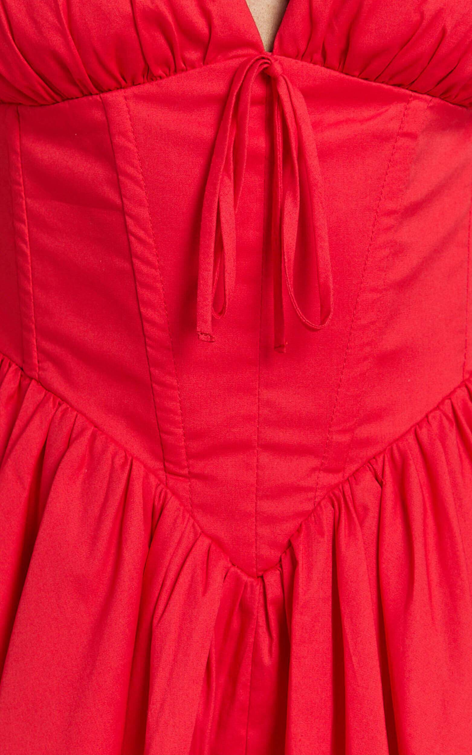 Madeline Mini Dress - V Neck Corset Waist Gathered Full Skirt Dress in Red