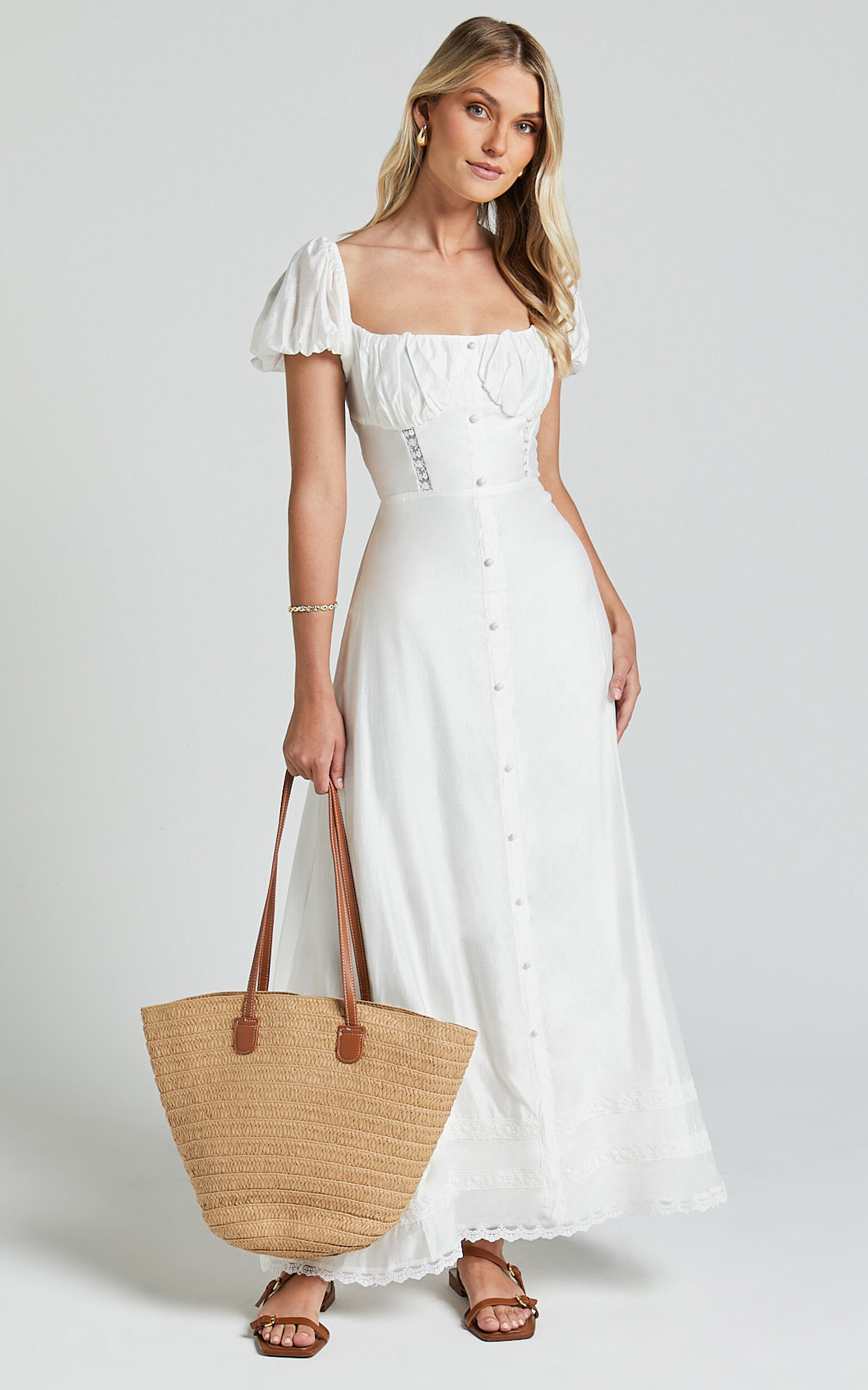 Giselle Midi Dress - Puff Sleeve Corset Flare Dress in White