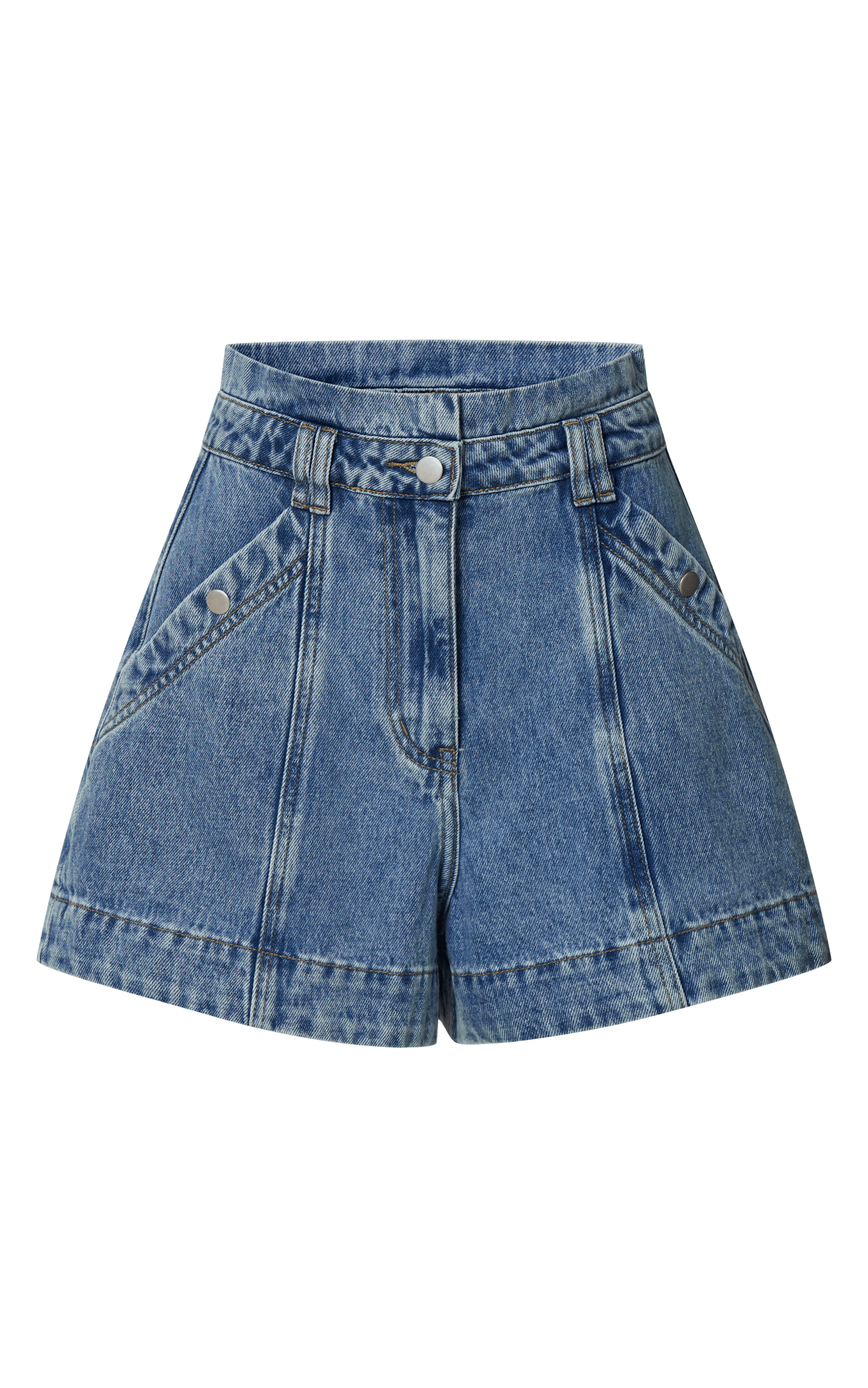 Kayla Shorts - High Waisted A Line Denim Shorts in Mid Blue Wash