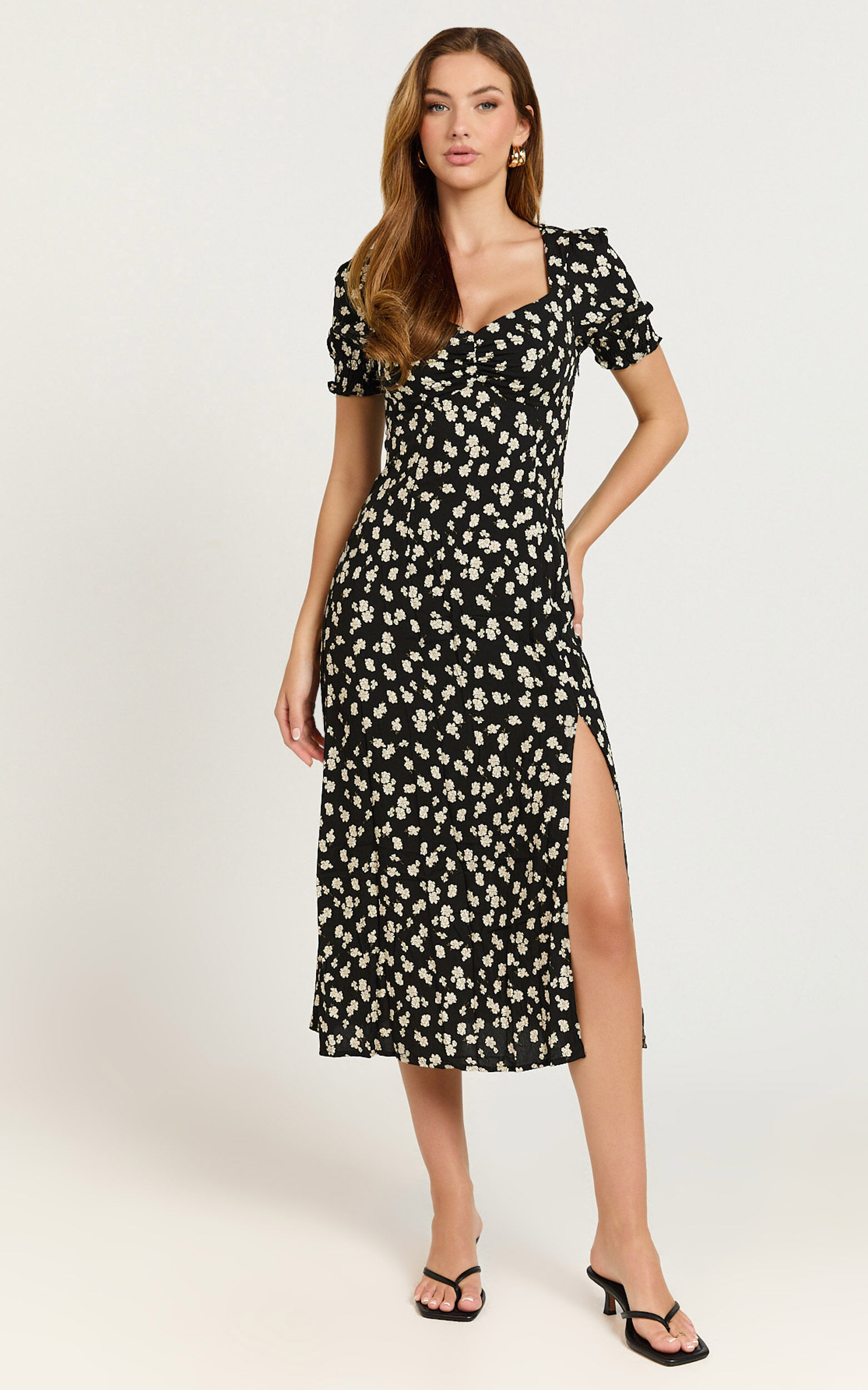 Marcel Midi Dress - Sweetheart Puff Sleeve Thigh Split Dress in Black Wildflower
