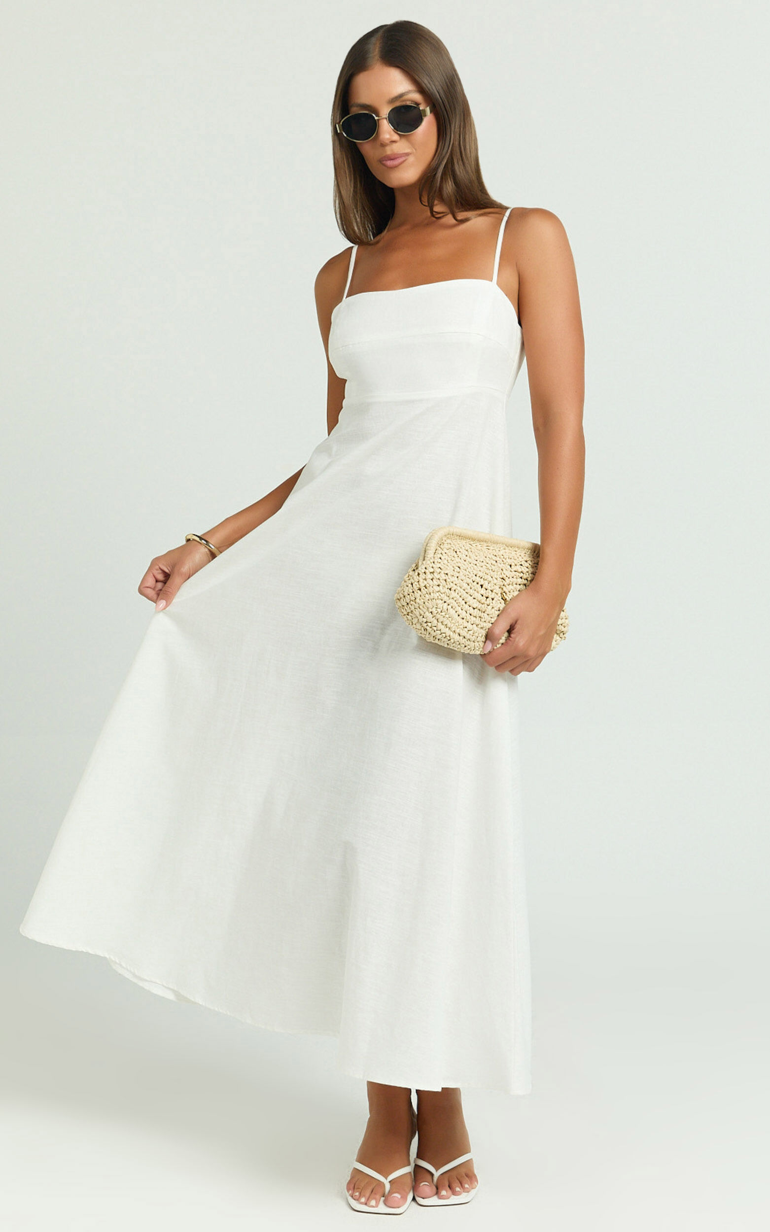 Brette Midi Dress - Linen Straight Neck Strappy Fit And Flare Dress in White