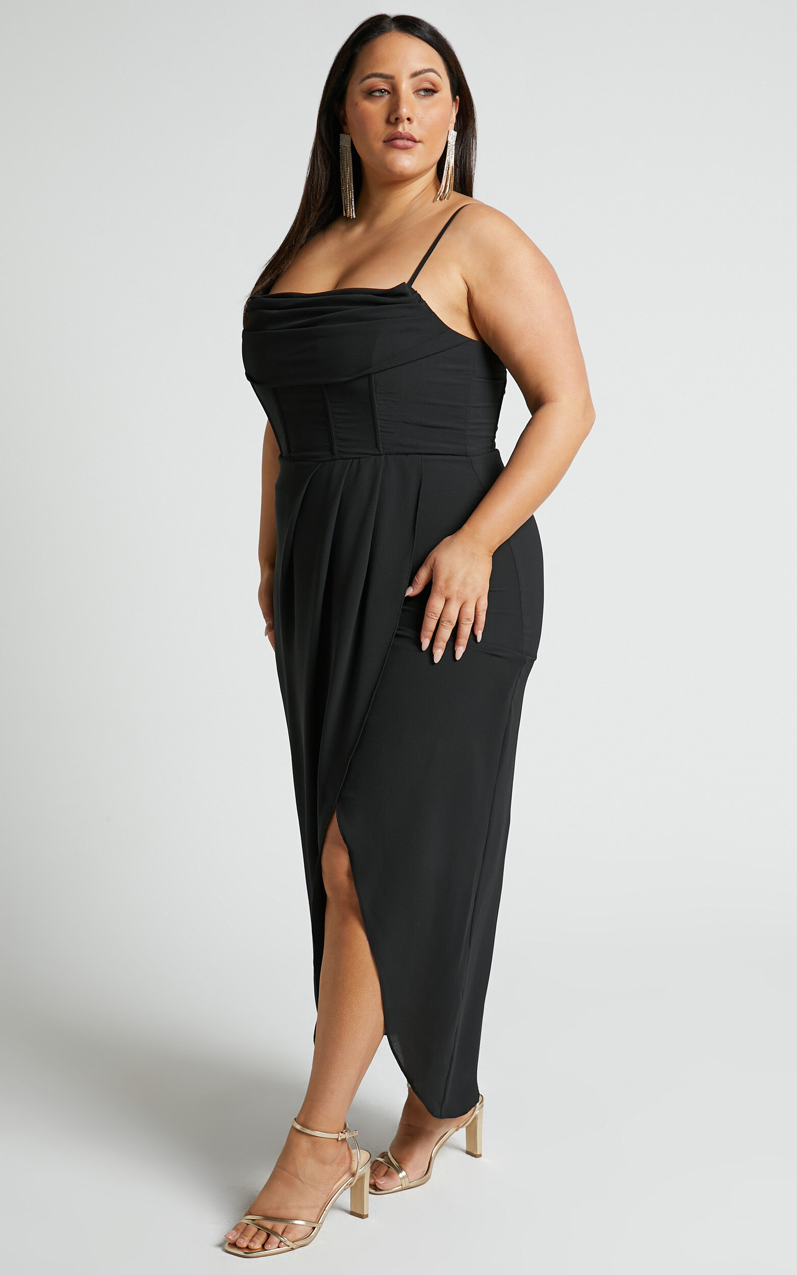 Andrina Midi Dress - High Low Wrap Corset Dress in Black