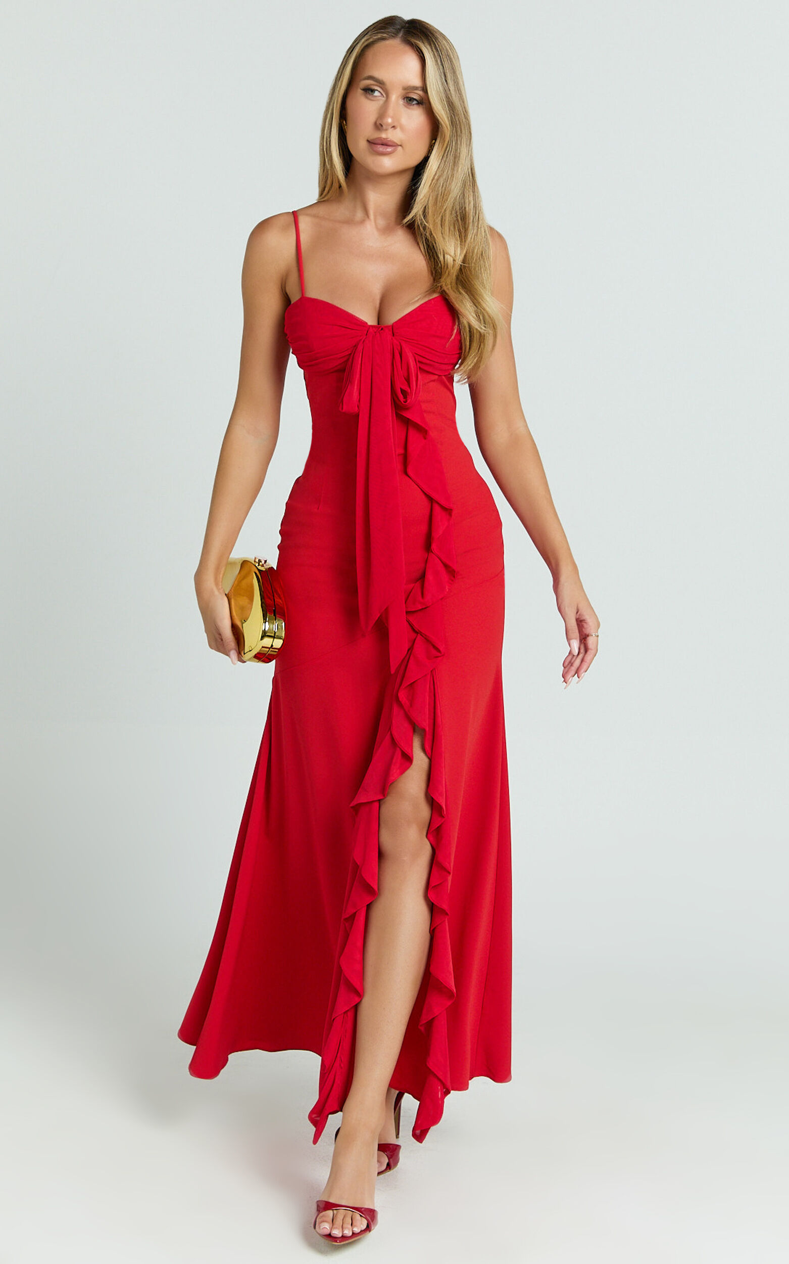Lacie Maxi Dress - V Neck Bias Cut Ruffle Tie Front Dress in Red
