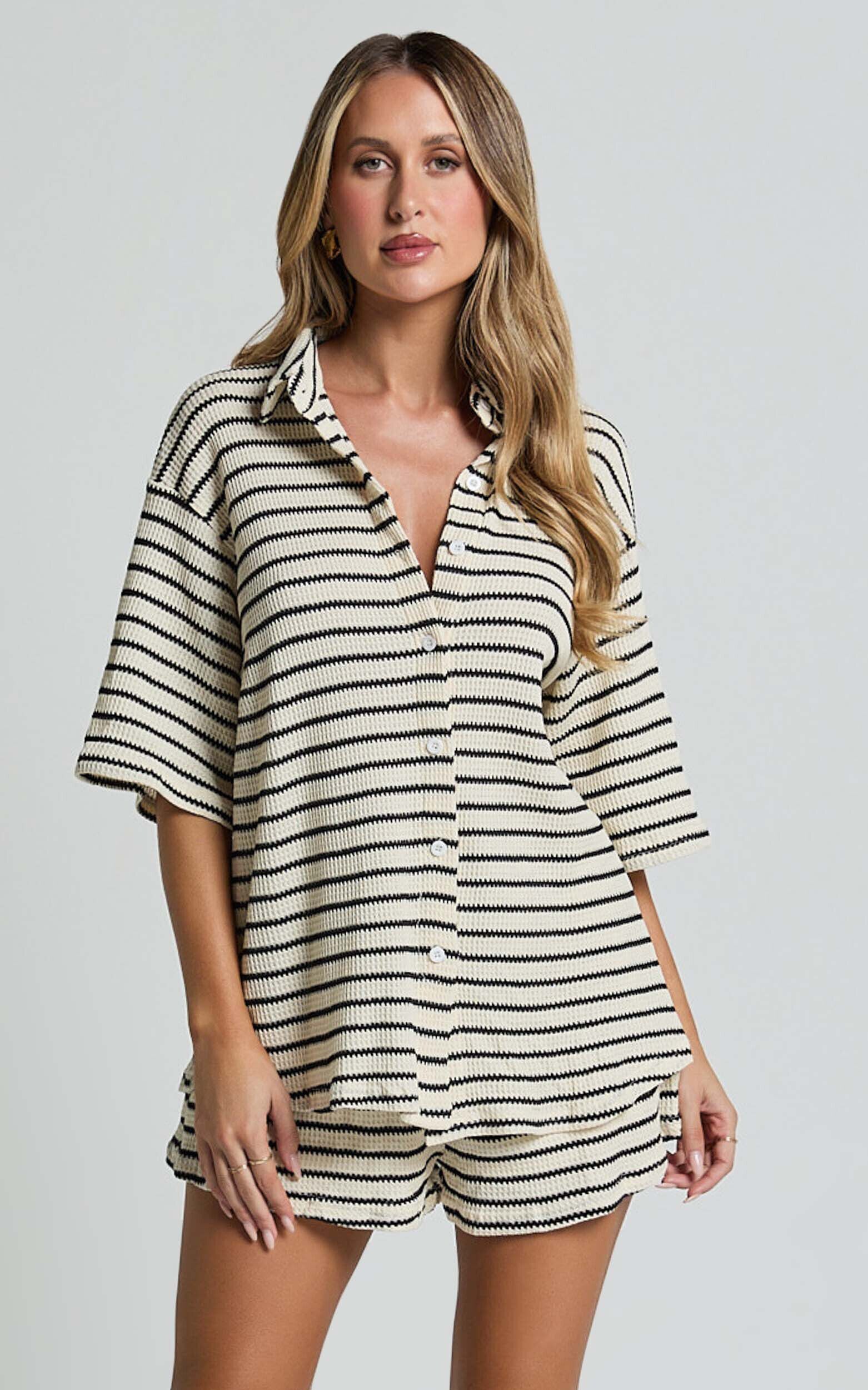 Dylan Two Piece Set - Striped Waffle Shirt and Short Set in Black & Cream Stripe