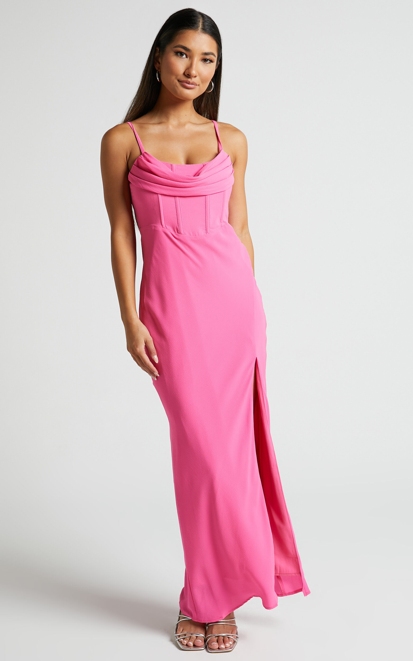 Blair Midi Dress - Corset Detail Thigh Split Dress in Pink