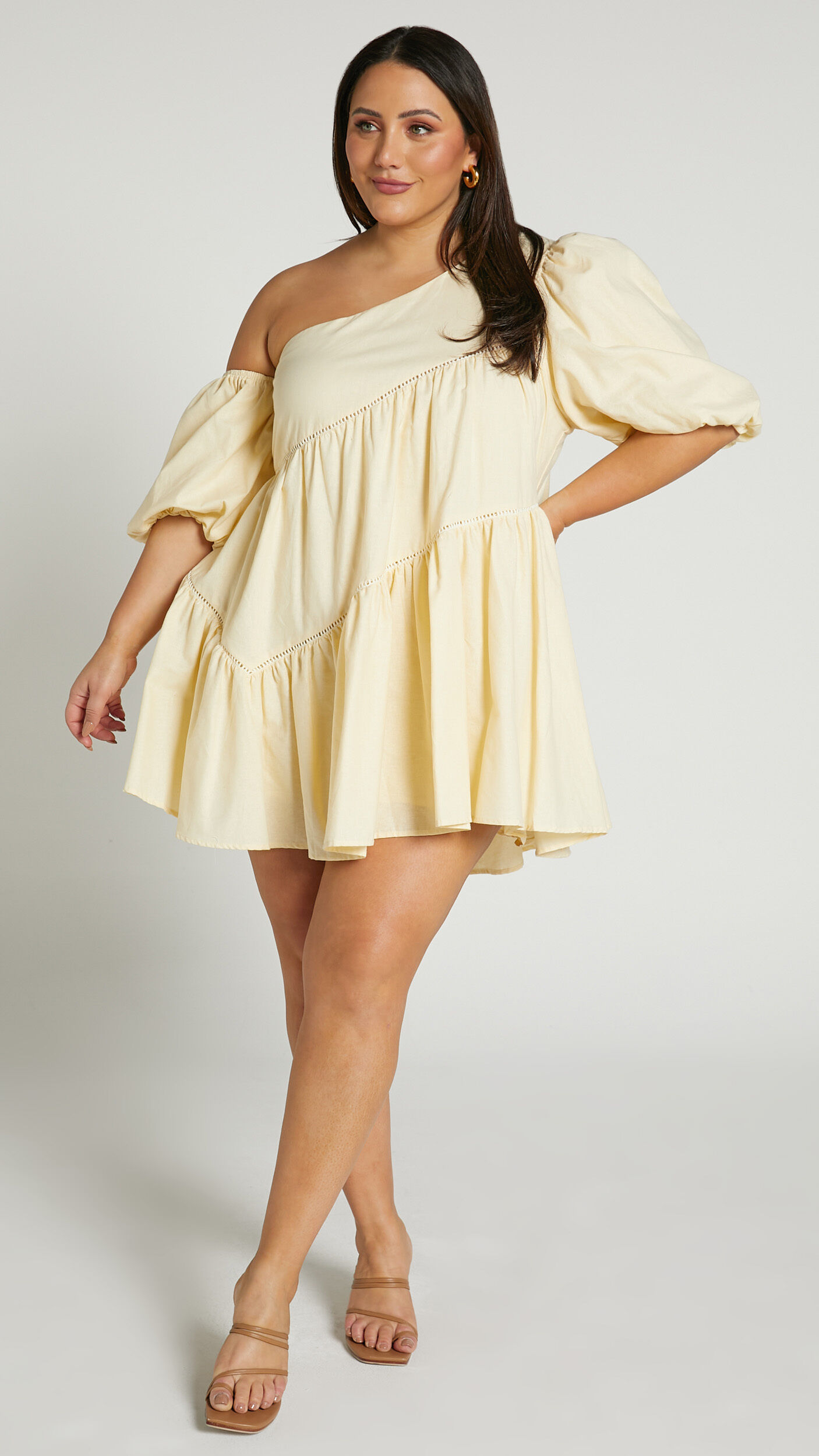 Harleen Mini Dress - Linen Asymmetrical Trim Puff Sleeve Dress in Beige
