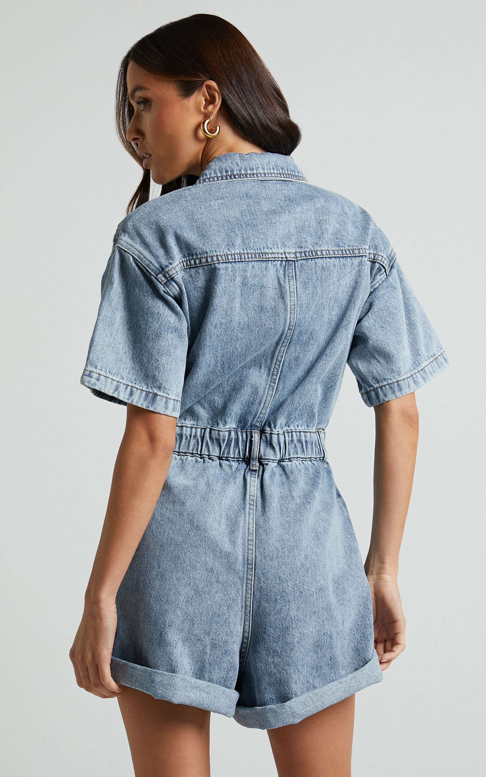 Leo Playsuit - Collared Short Sleeve Button Front Denim Playsuit in Mid Blue Acid Wash