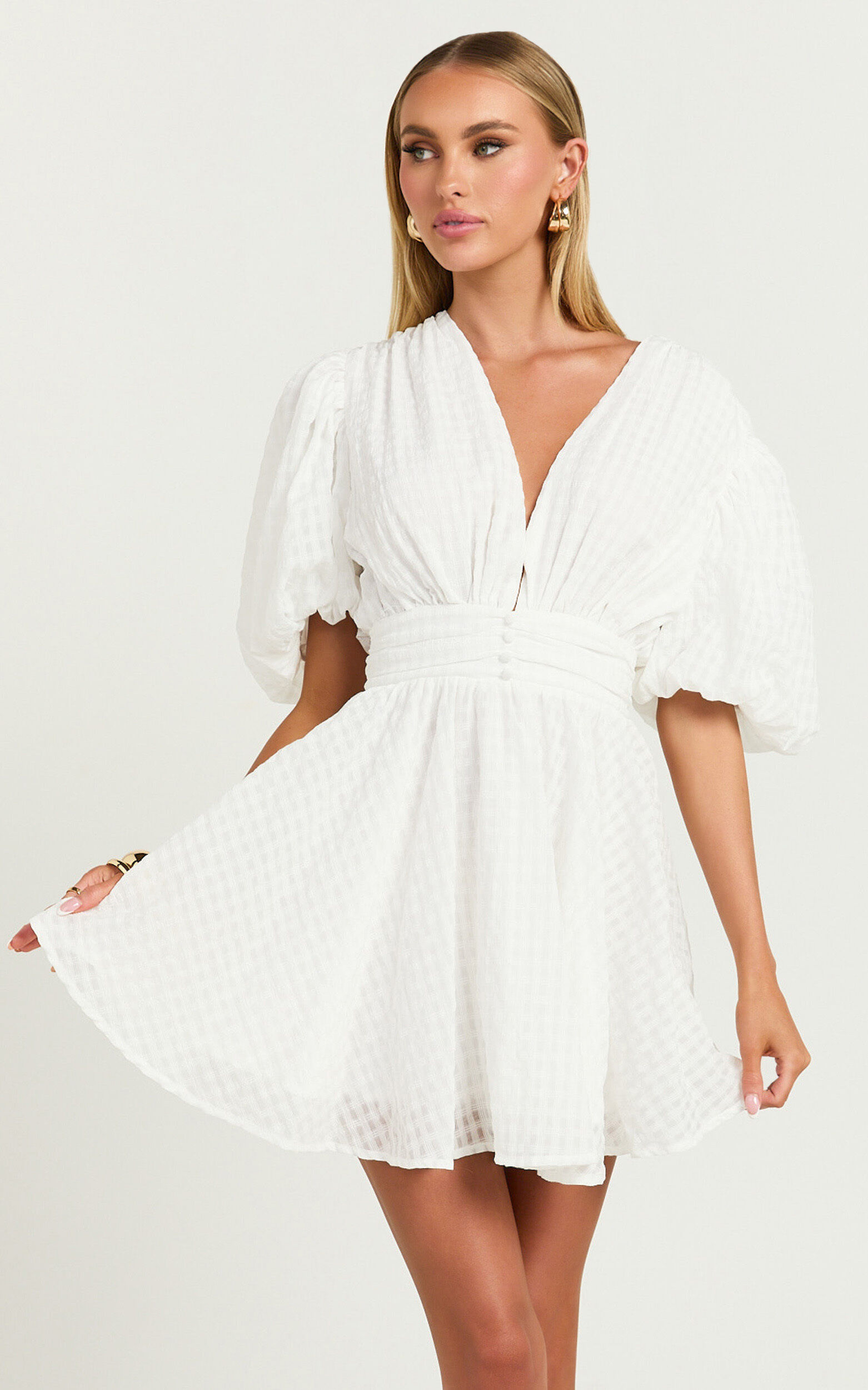 Xandy Mini Dress - Textured Puff Sleeve Plunge Dress in White