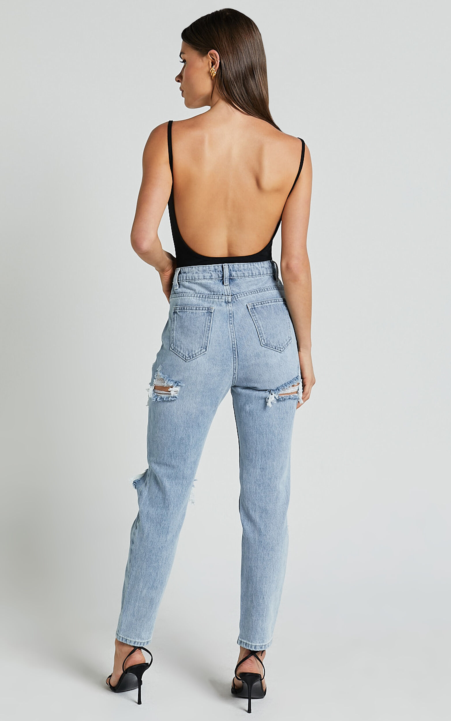 Billie Jeans - High Waisted Cotton Distressed Mom Denim Jeans in Mid Blue Wash