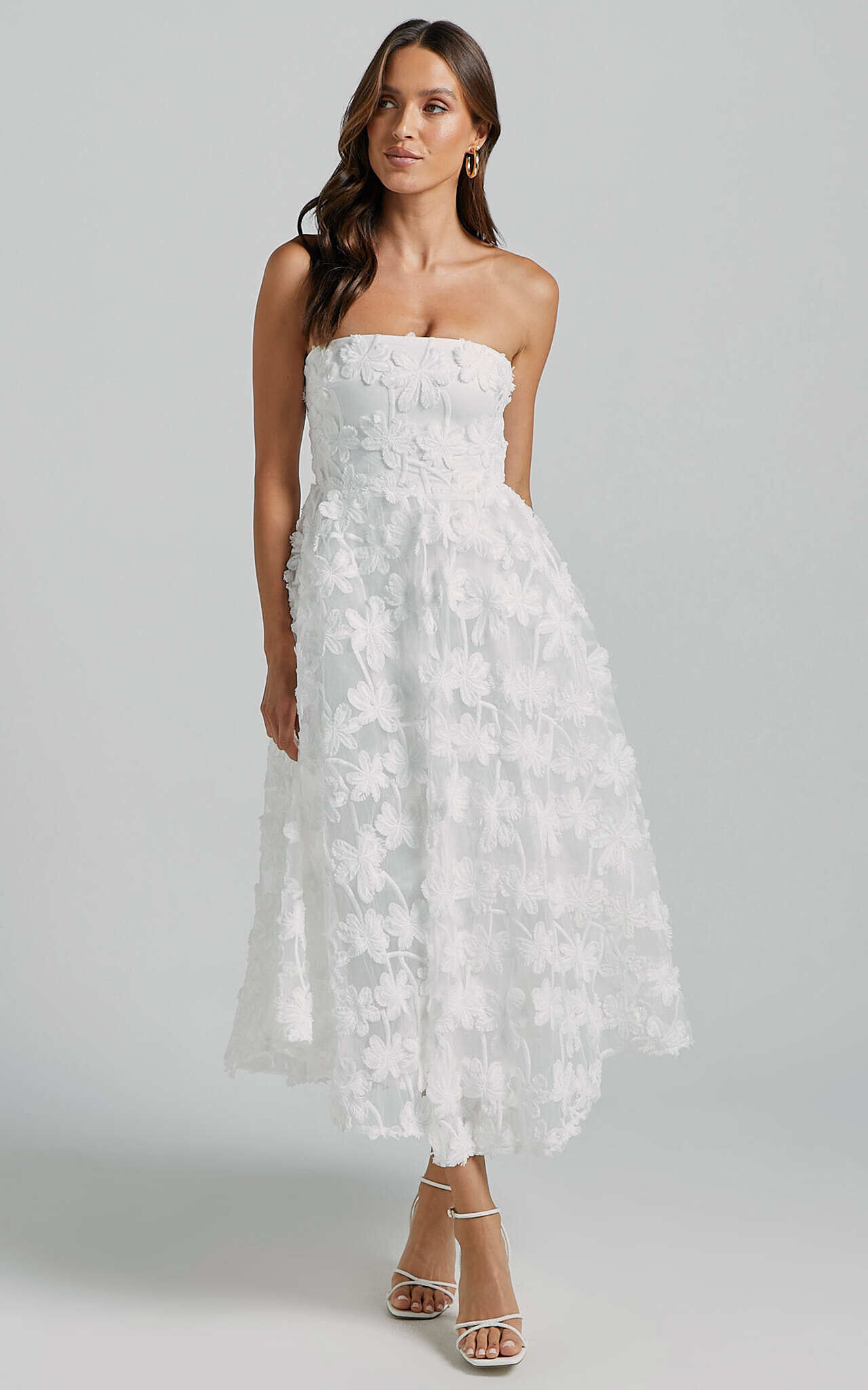 Rheiva Midi Dress - Strapless 3D Embroidery Midi Dress in White