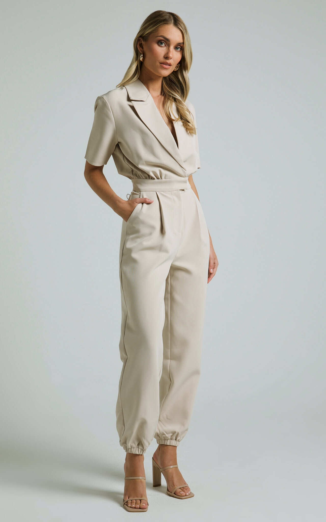 Coco Jumpsuit - Collared Short Sleeve Straight Leg Jumpsuit in Stone