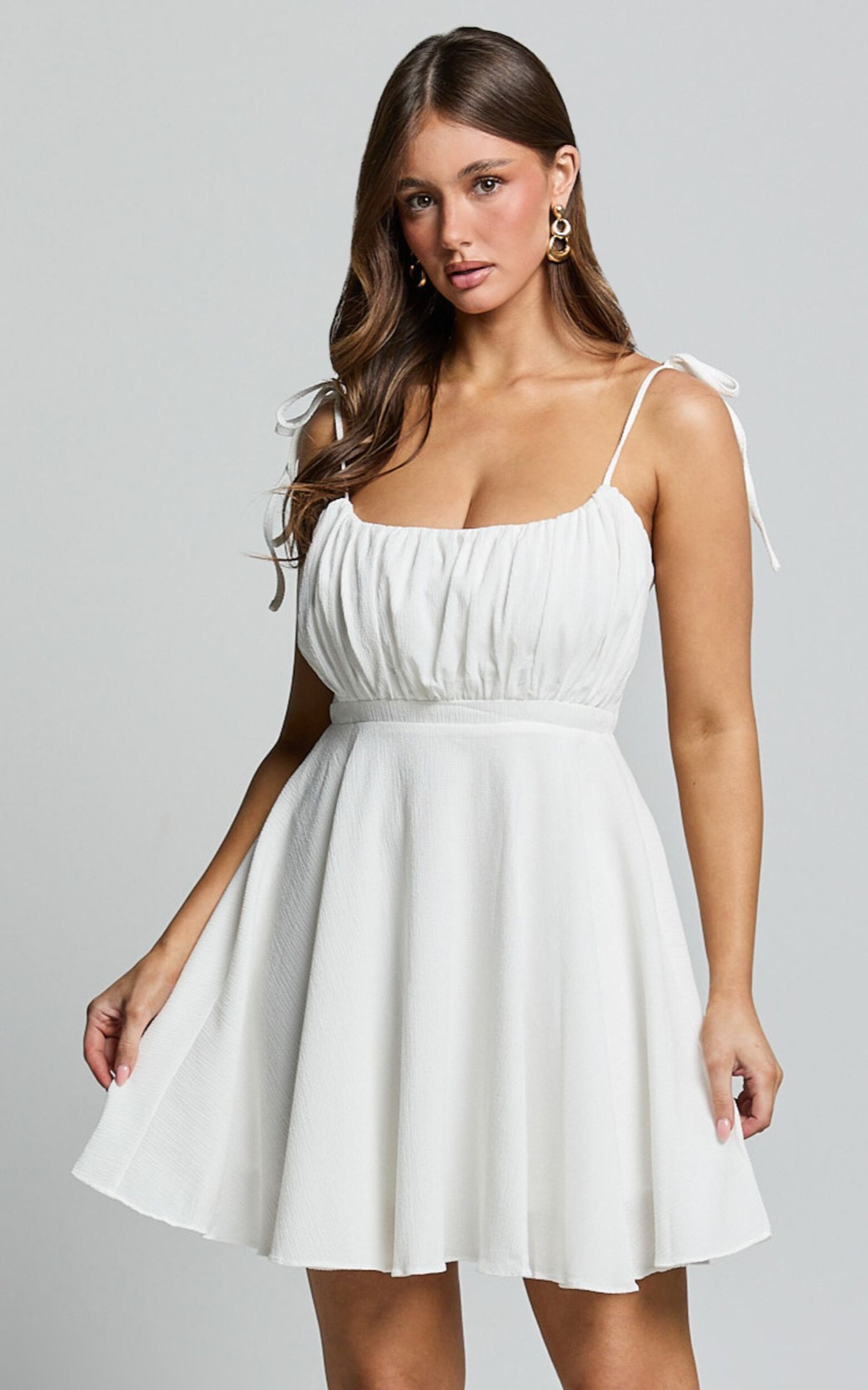 Aziah Mini Dress - Tie Shoulder Ruched Bodice Dress in White