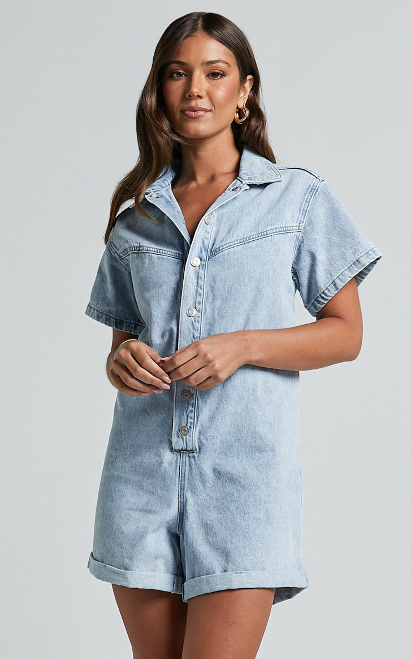 Reid Playsuit - Button Through Denim Playsuit in Light Blue Wash