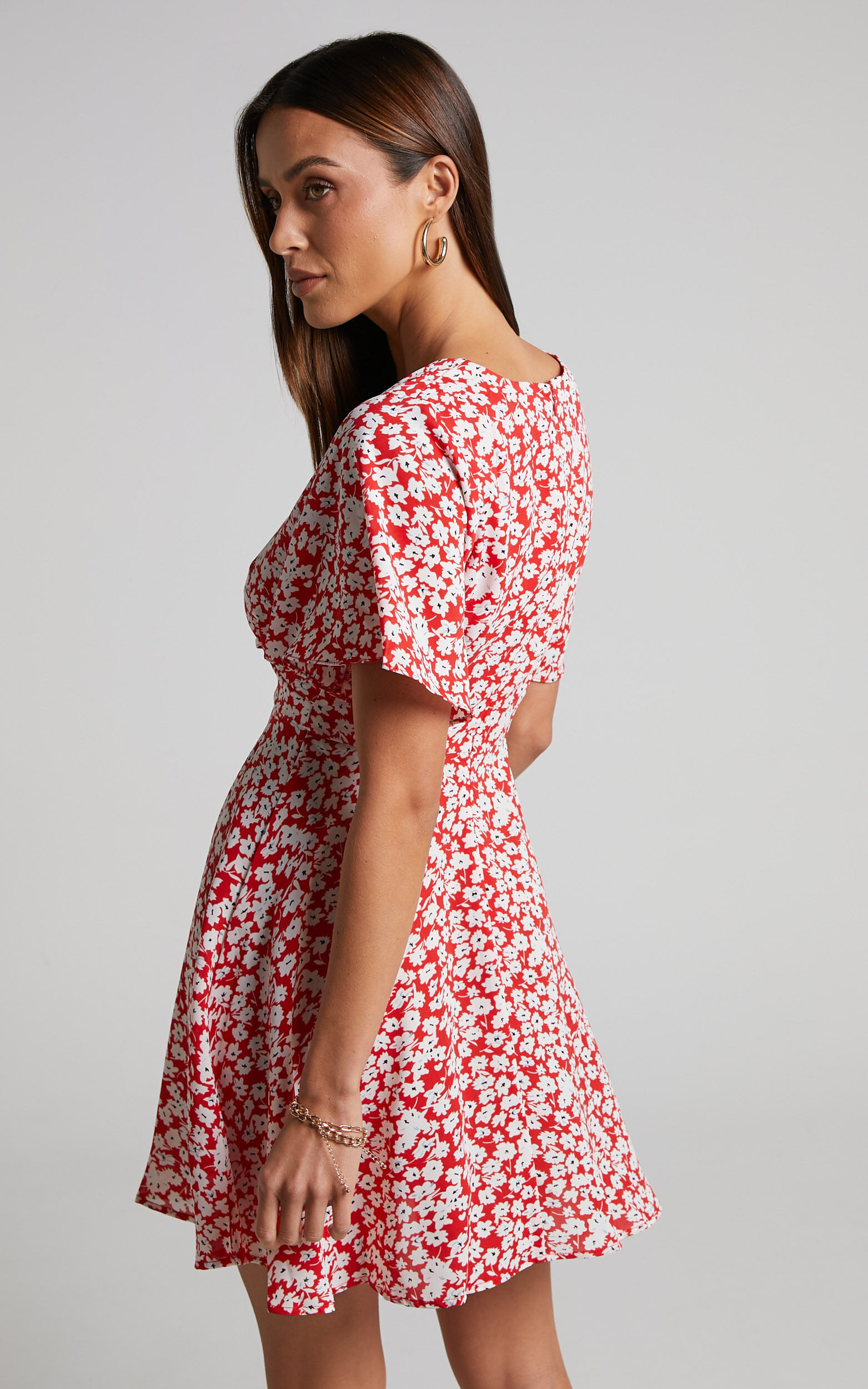 Rosario Mini Dress - Flutter Sleeve V Neck Dress in Red Ditsy Floral