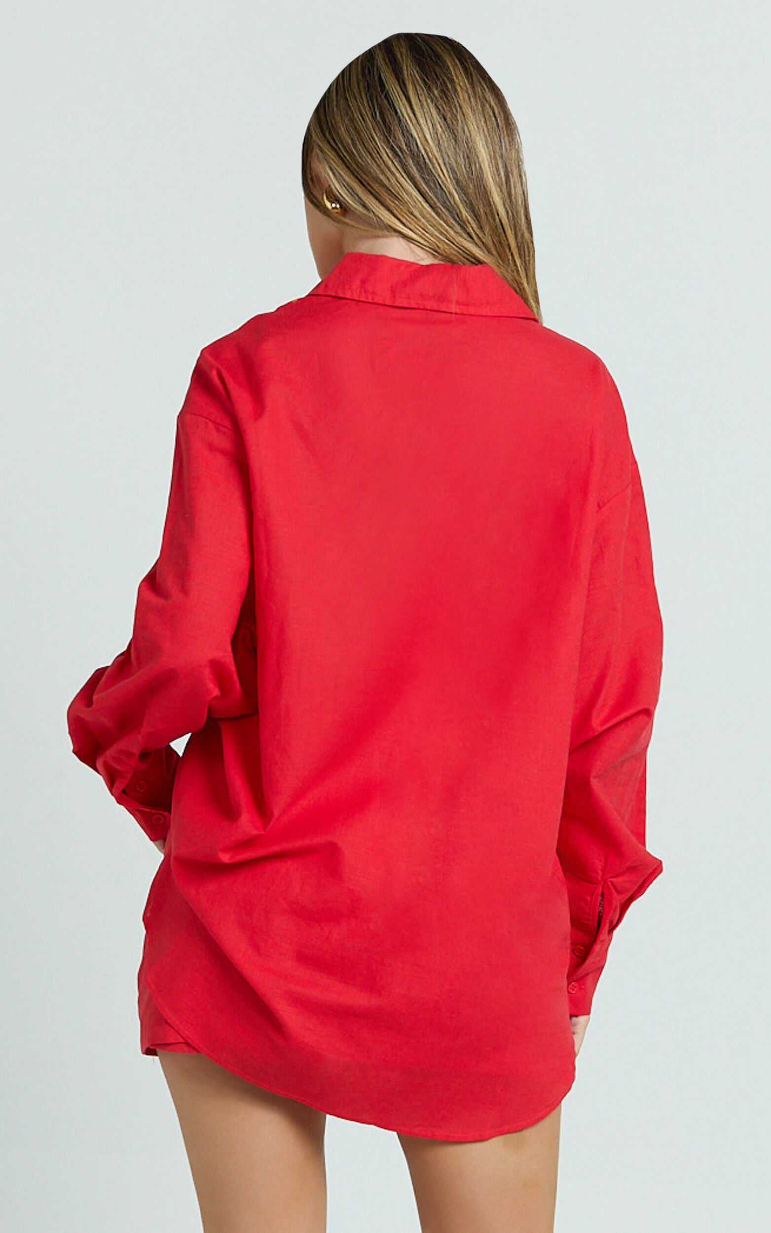 Anziel Top - Oversized Long Sleeve Linen Blend Shirt in Red