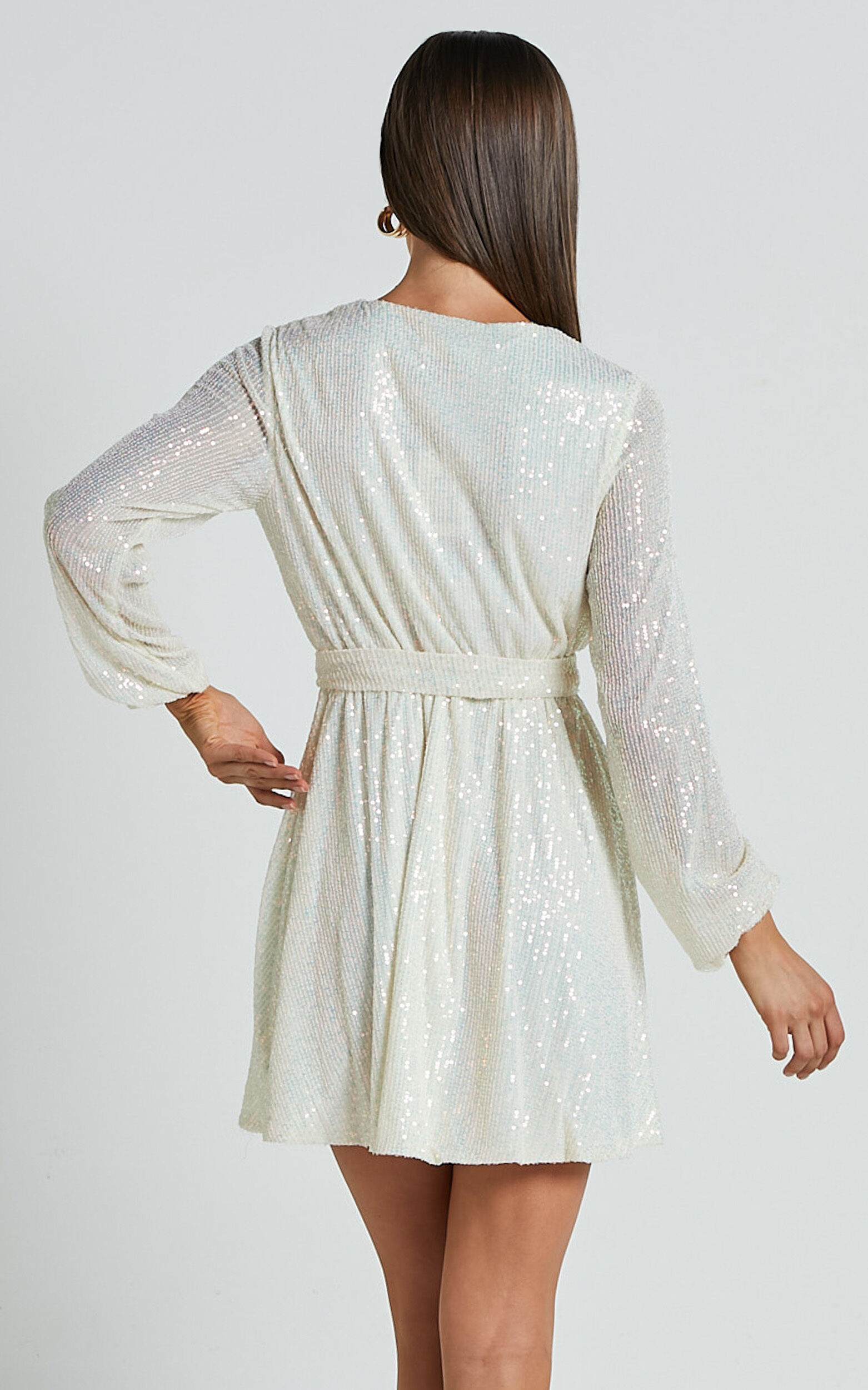 Three Of Us Mini Dress - Long Sleeve Wrap Dress in White Sequin