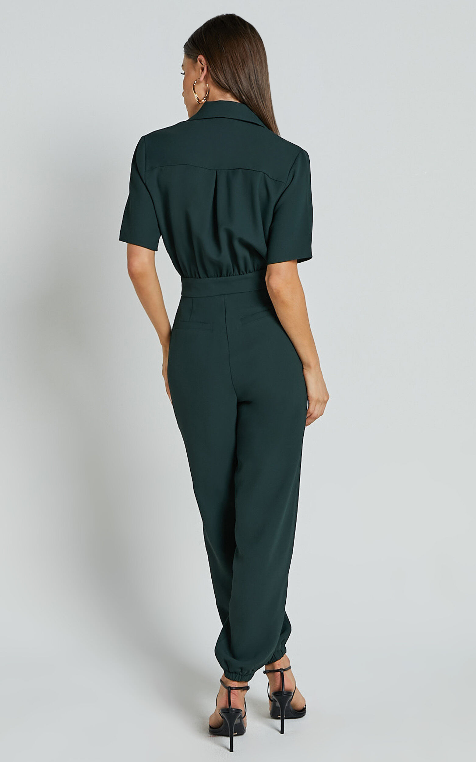 Coco Jumpsuit - Collared Short Sleeve Straight Leg Jumpsuit in Forest Green