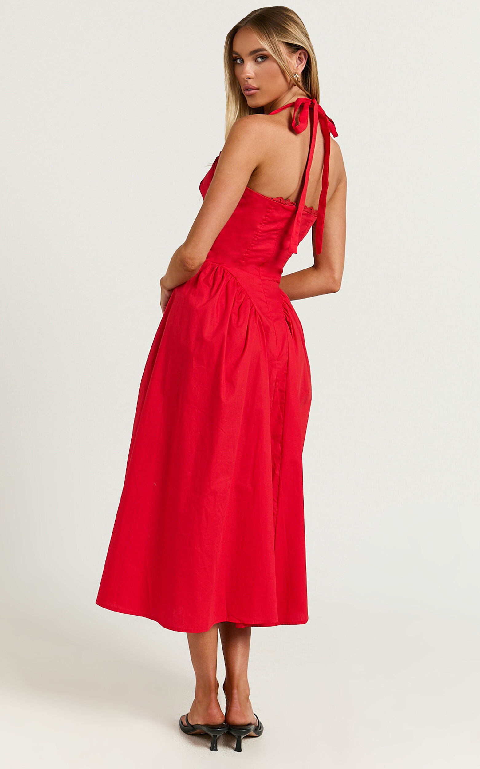 Marikris Midi Dress - Ruched Bust Halter Neck Dress in Red