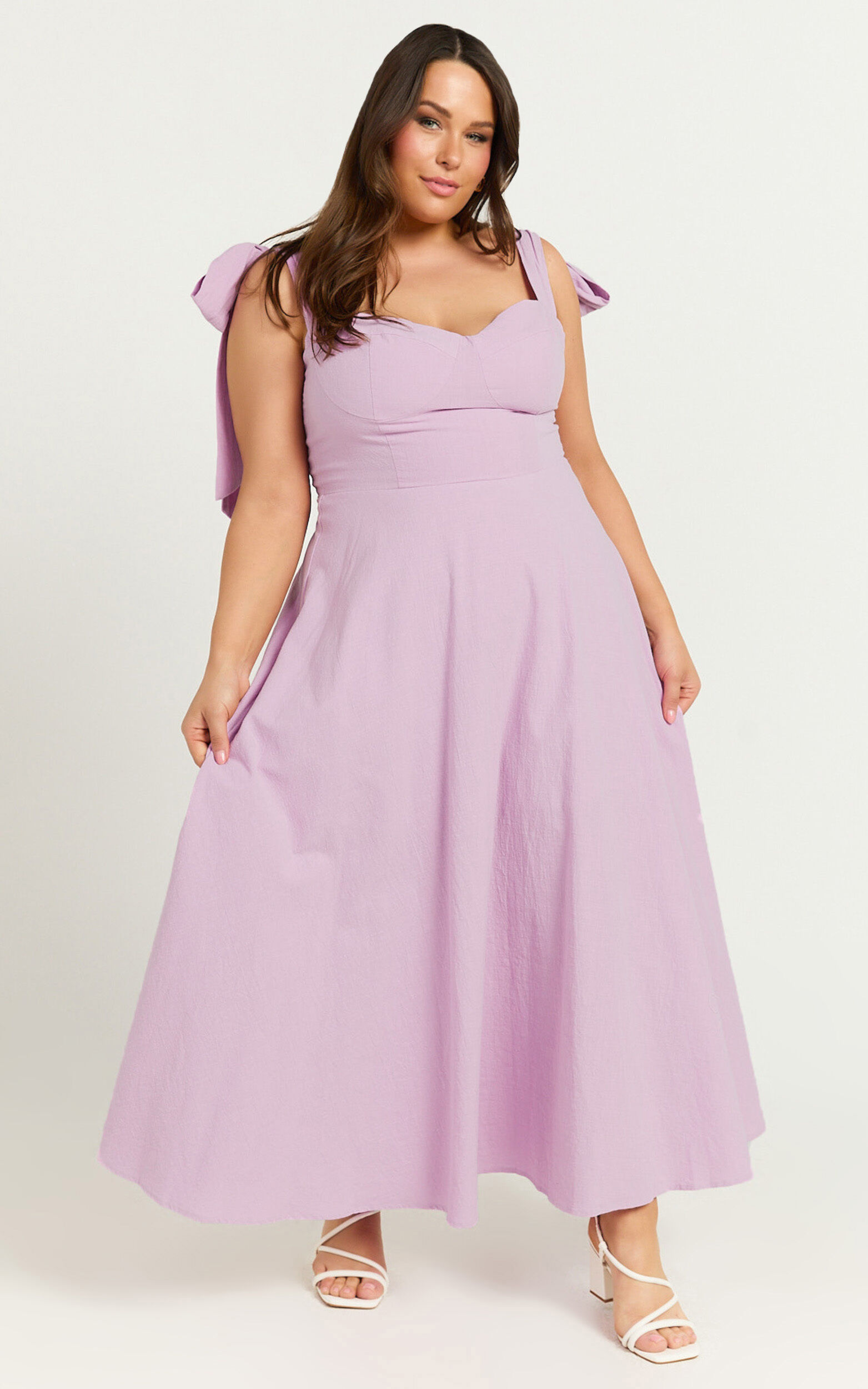 Tymia Midi Dress - Shoulder Tie Bustier Shirred Back A Line in Lavender