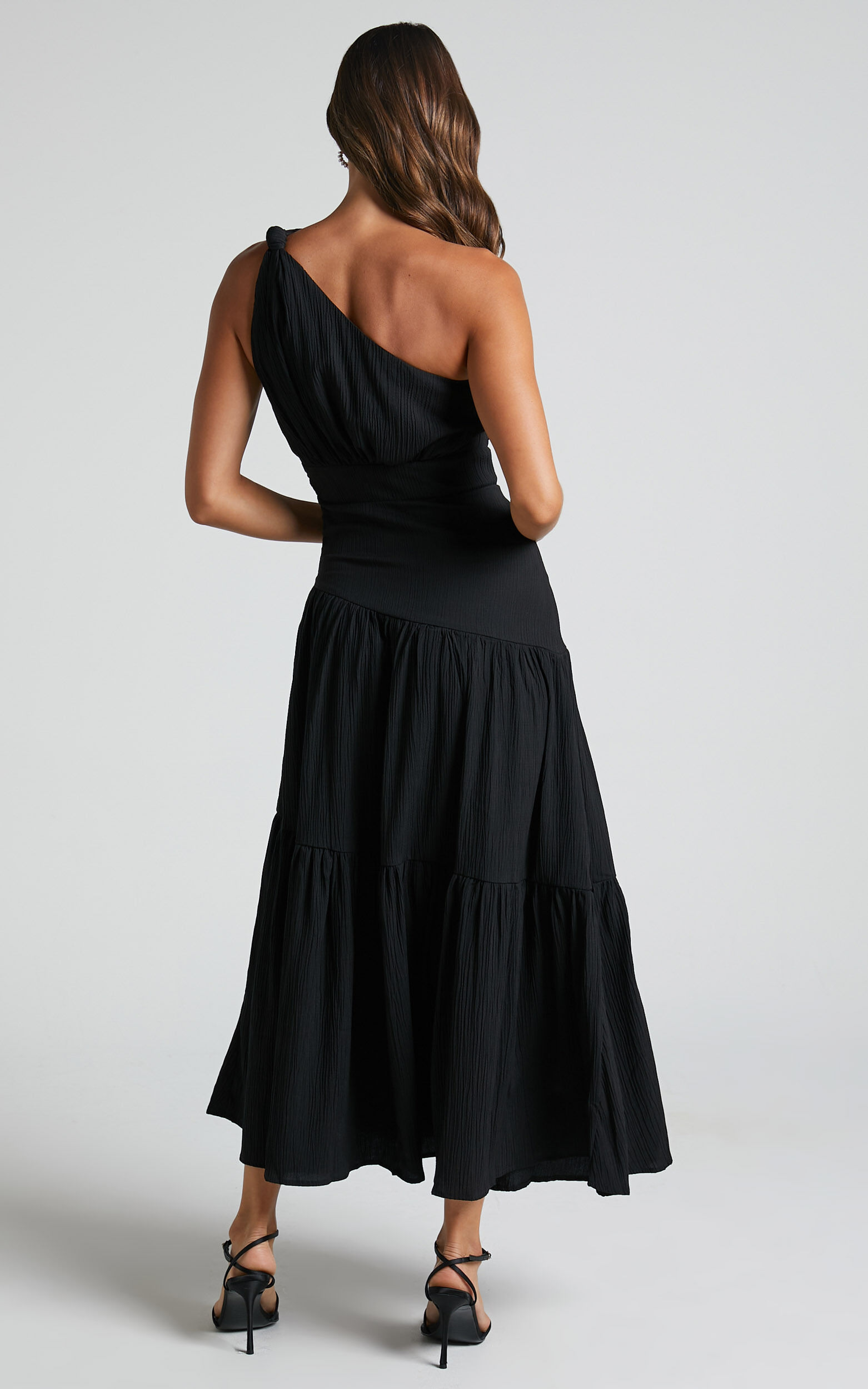 Celestia Midi Dress - Tiered One Shoulder Dress in Black