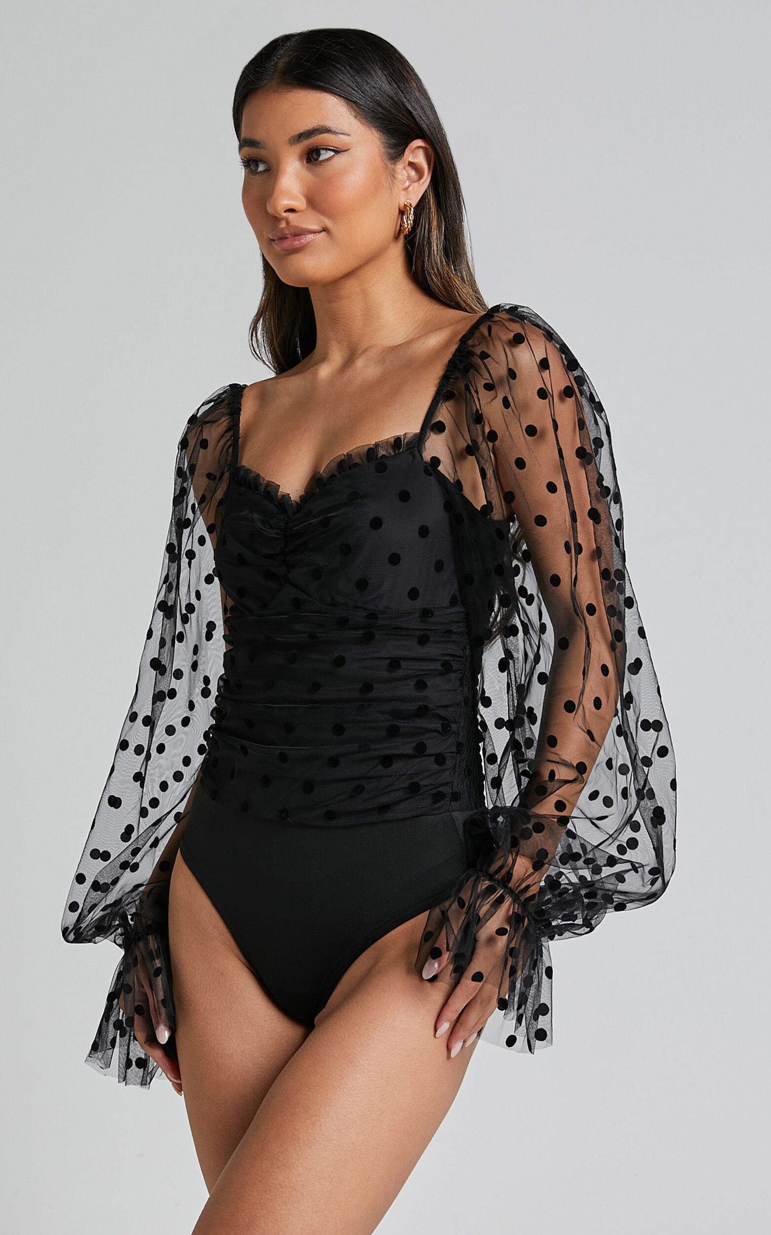 Venetia Bodysuit - Long Sleeve Spot Mesh Bodysuit in Black Spot