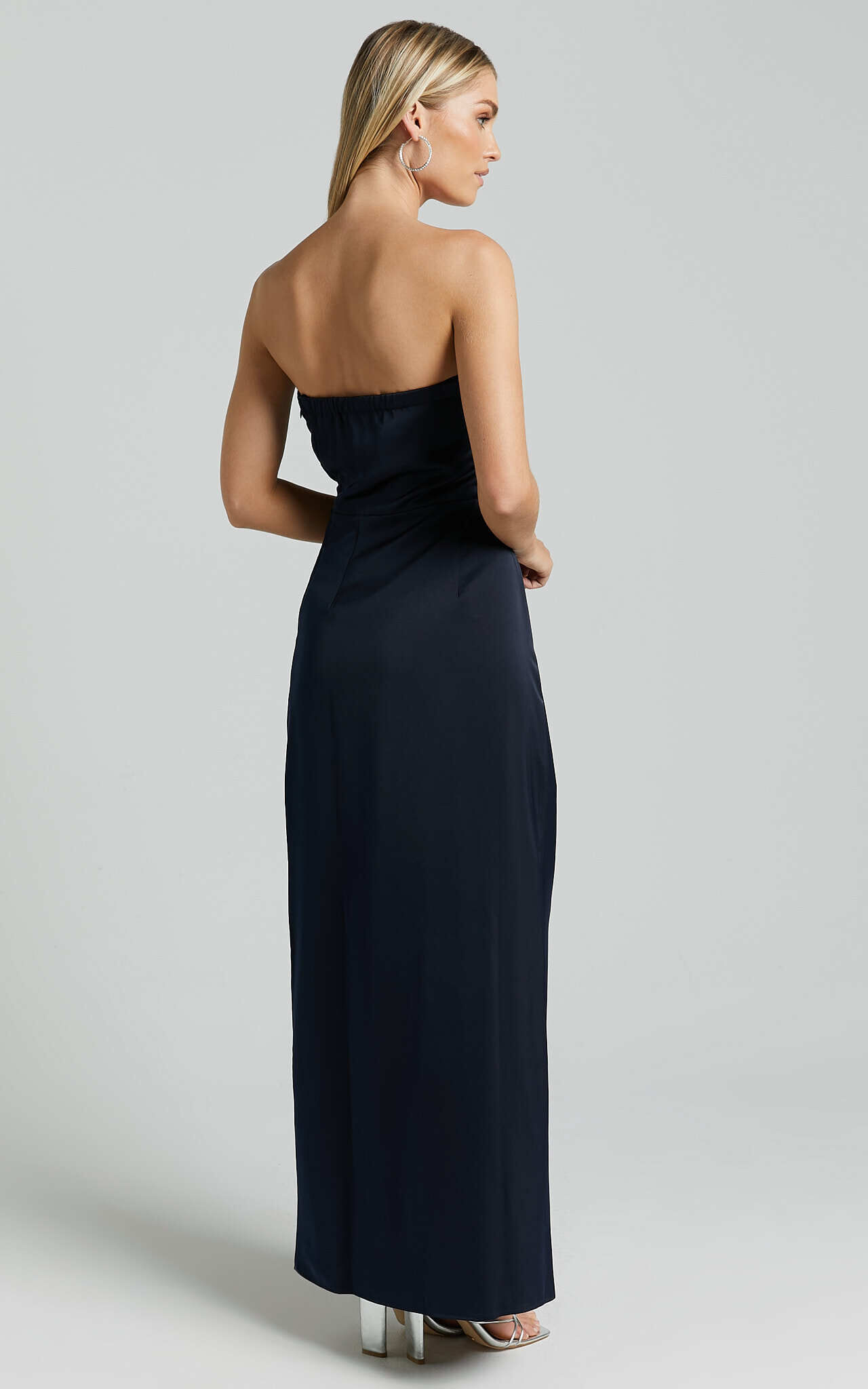 Hathaway Maxi Dress - Strapless Straight Neck Twist Front Split in Navy