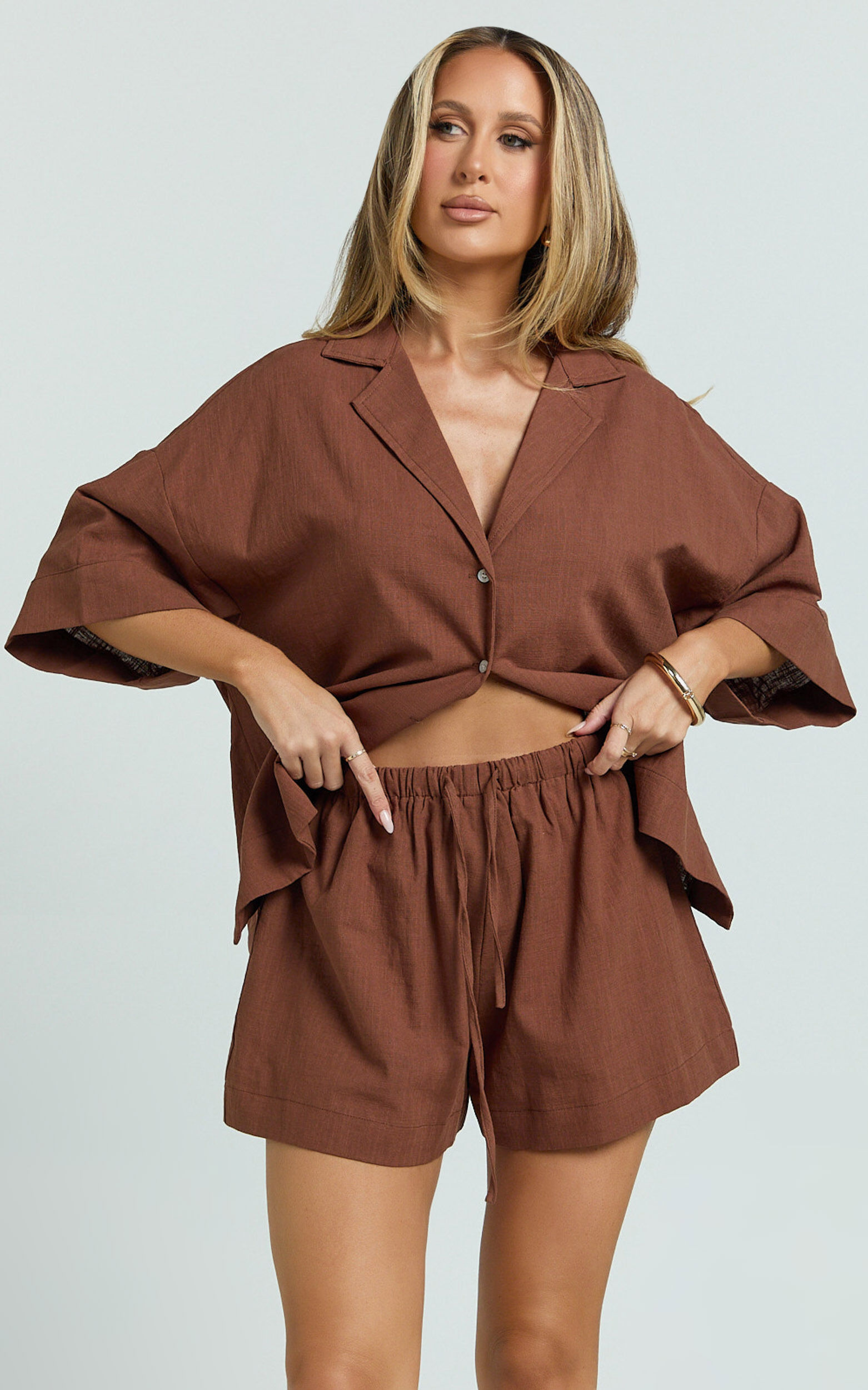 Saina Two Piece Set - Button Through Shirt and Drawstring Shorts Set in Chocolate