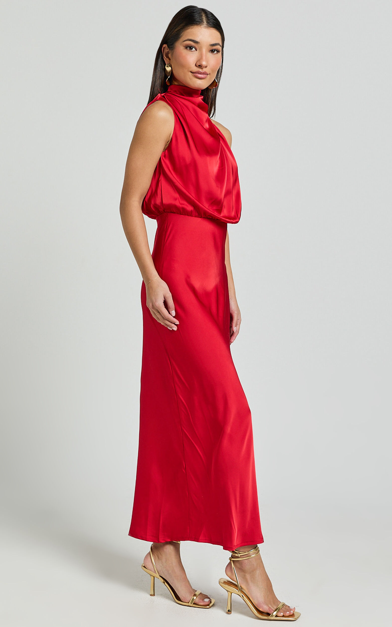 Minnie Midi Dress - Drape Neck Satin Slip Dress in Red