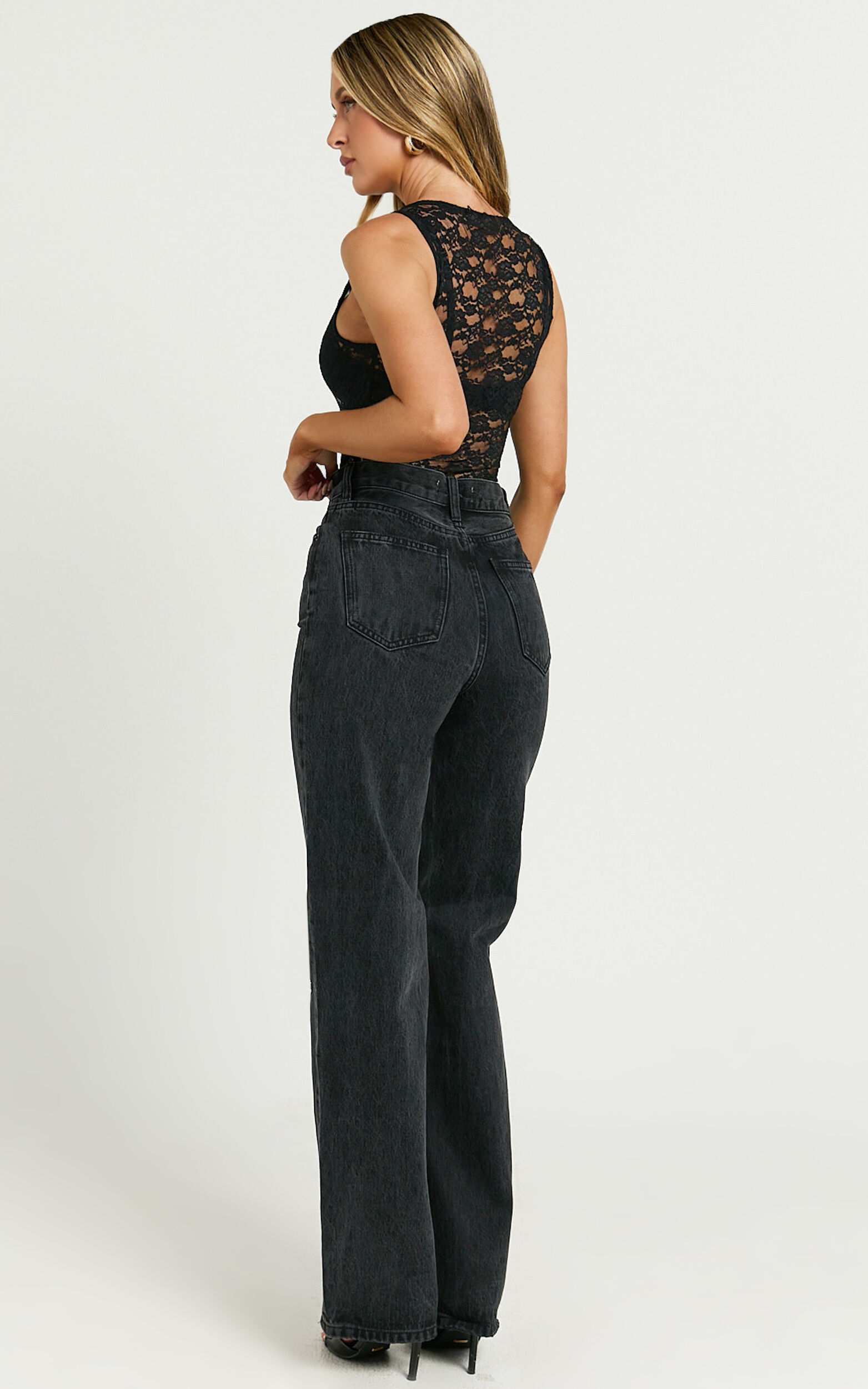 Miho Jeans - High Waisted Recycled Cotton Distressed Straight Leg Denim Jeans in Washed Black