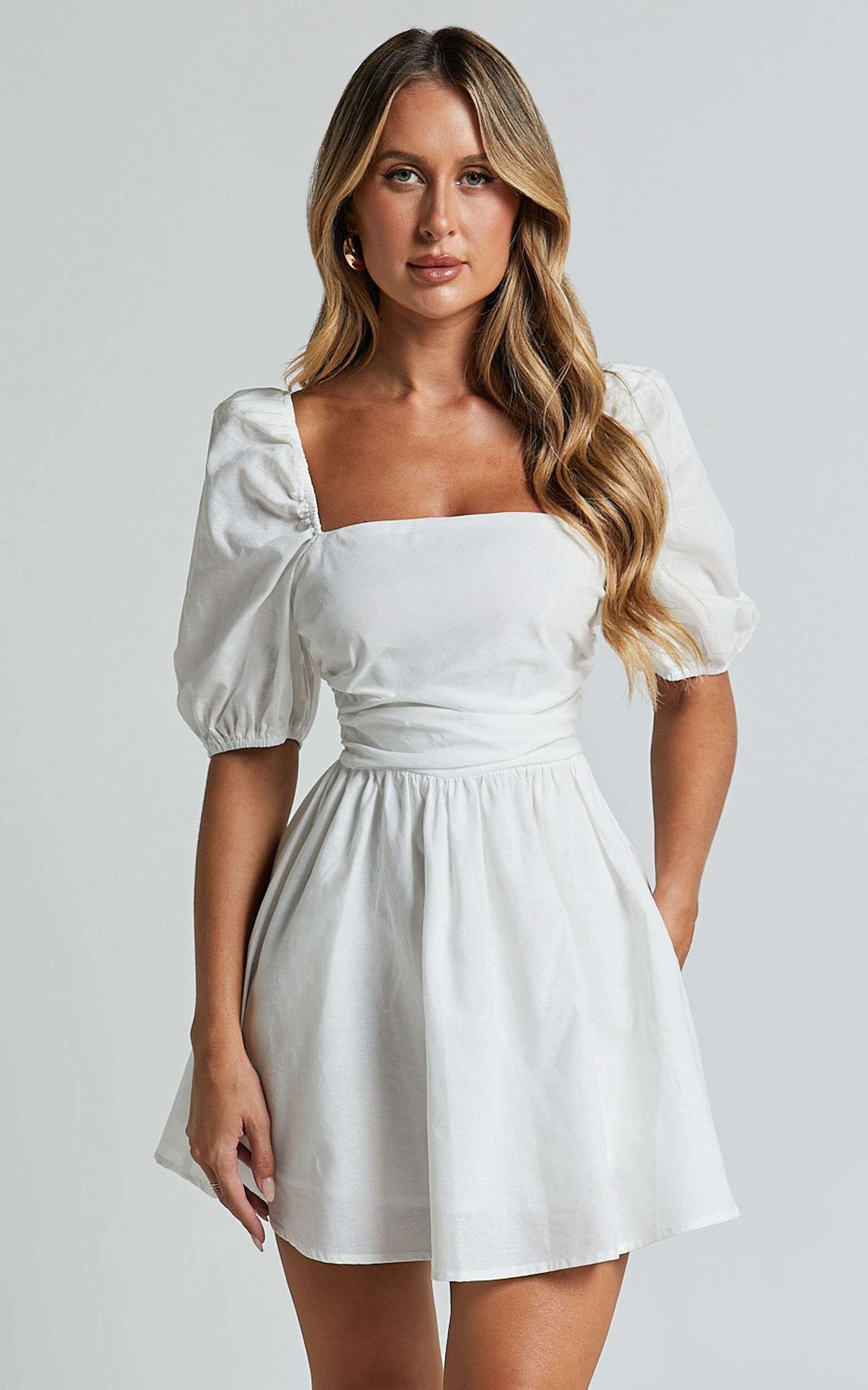 Claudina Mini Dress - Linen Look Puff Sleeve Ruched Bodice Dress in White
