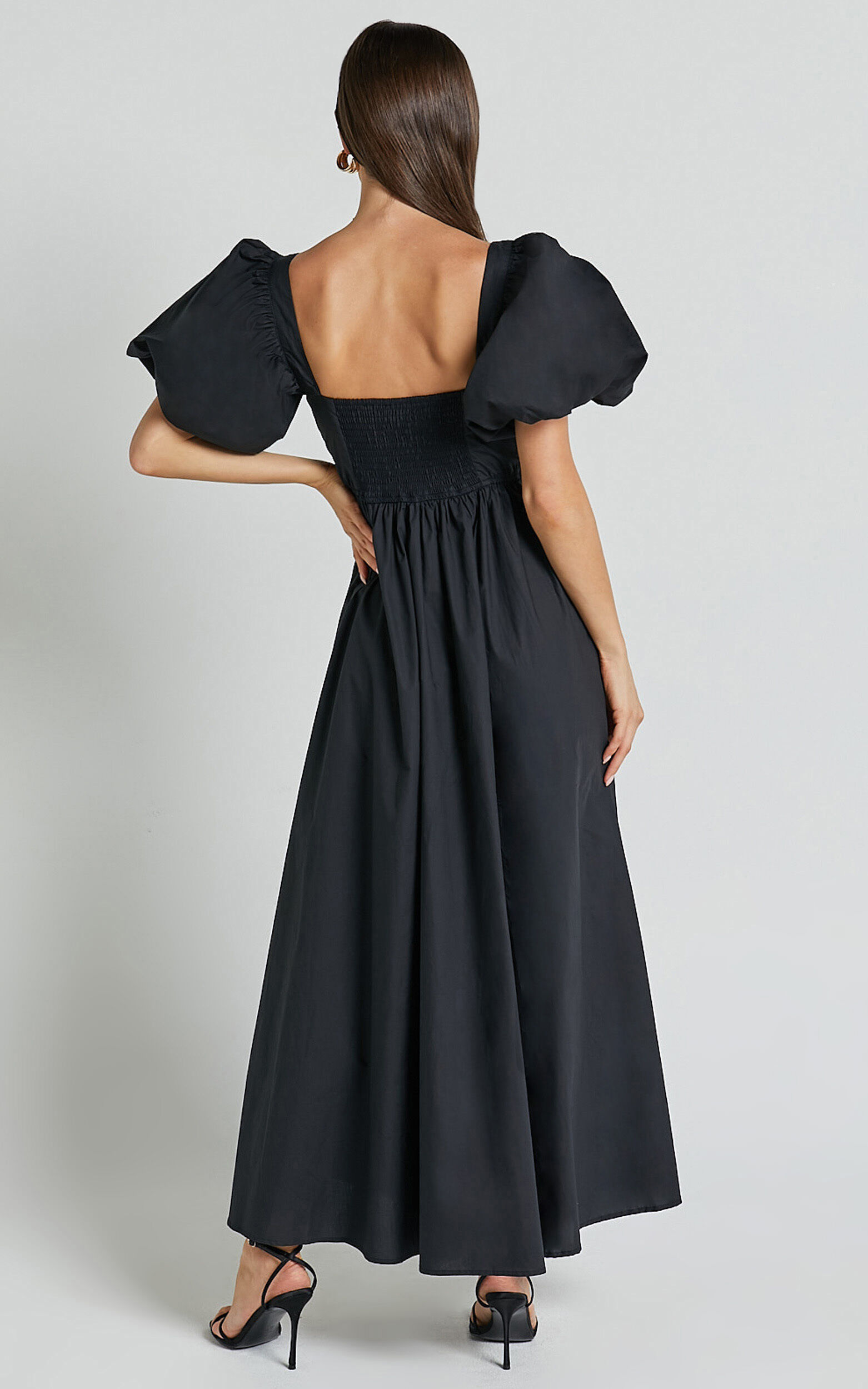 Raiza Midi Dress - Shirred Waist Puff Sleeve Dress in Black