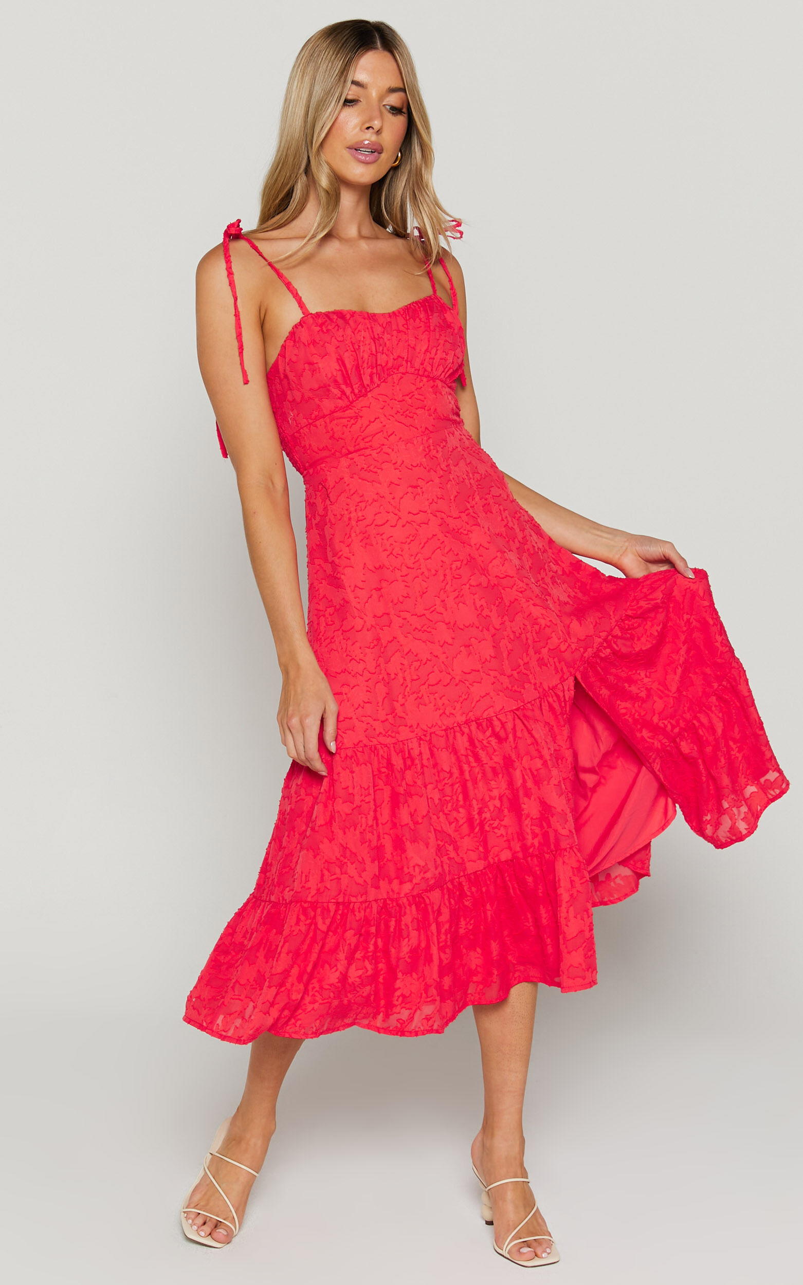 Jovena Midi Dress - Gathered Bodice Tiered Dress in Coral