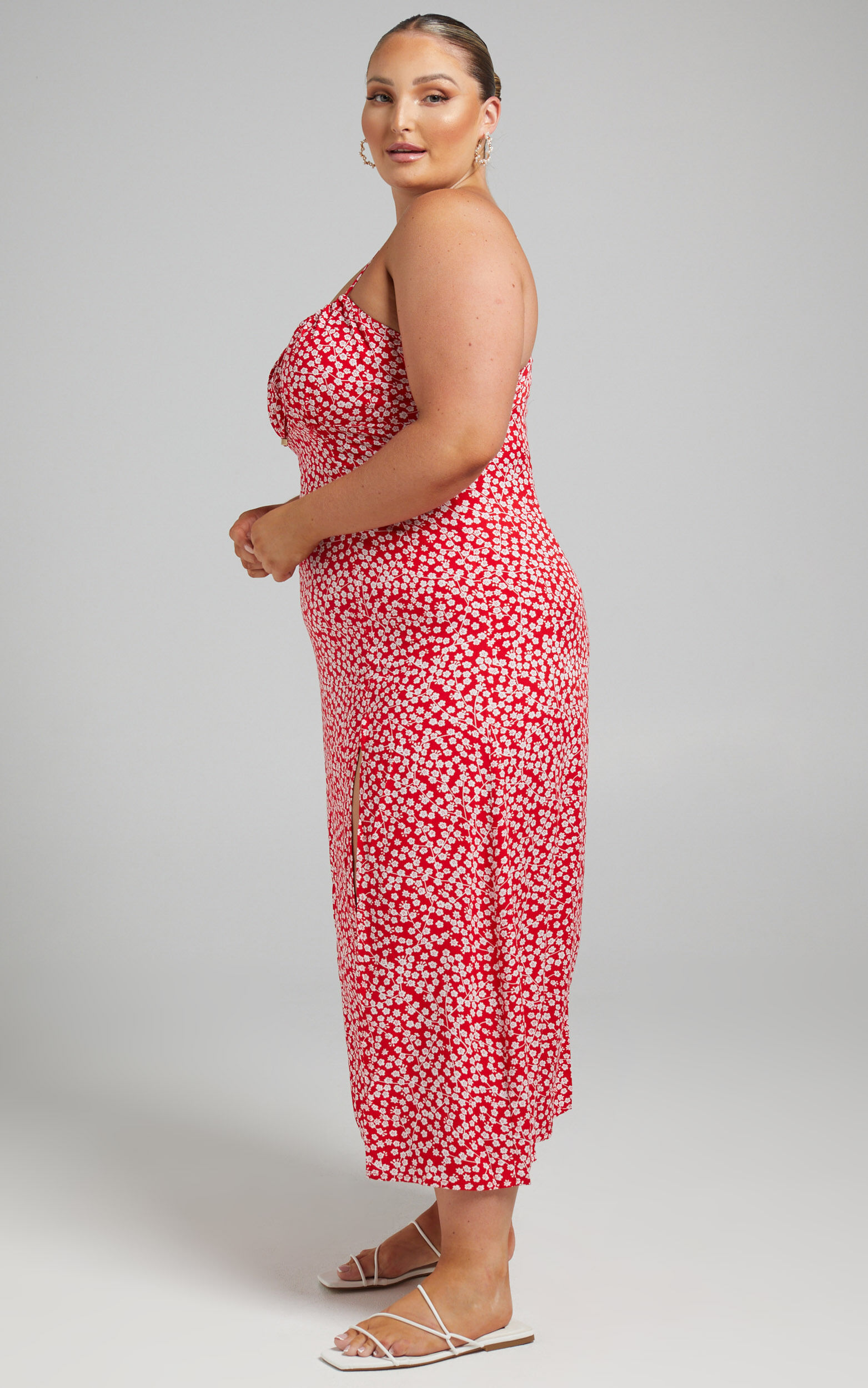 Willa Midi Dress - Ruched Bust Thigh Split Dress in Red Floral