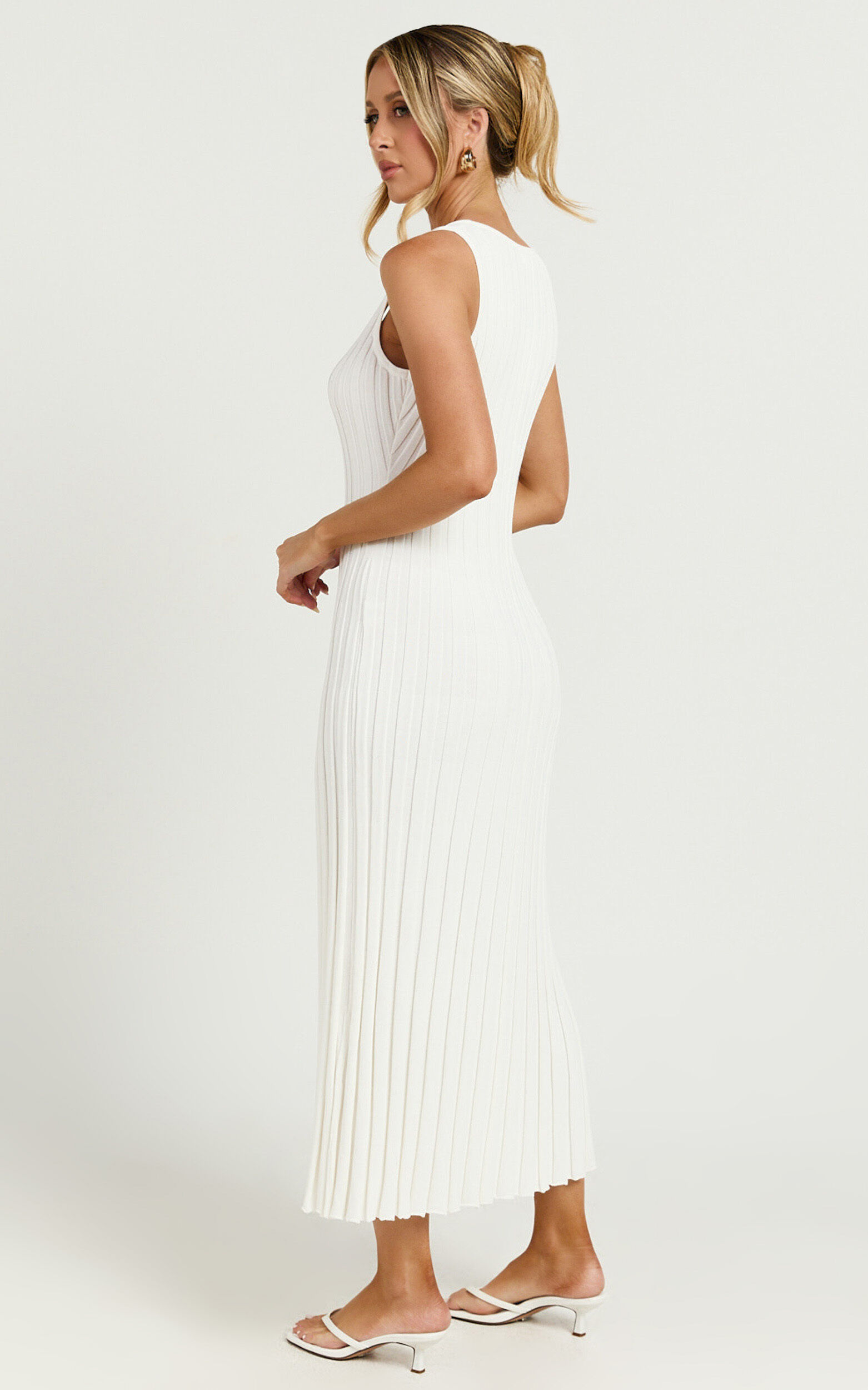 Maya Midi Knit Dress - Sleeveless V Neck Knited Dress in White