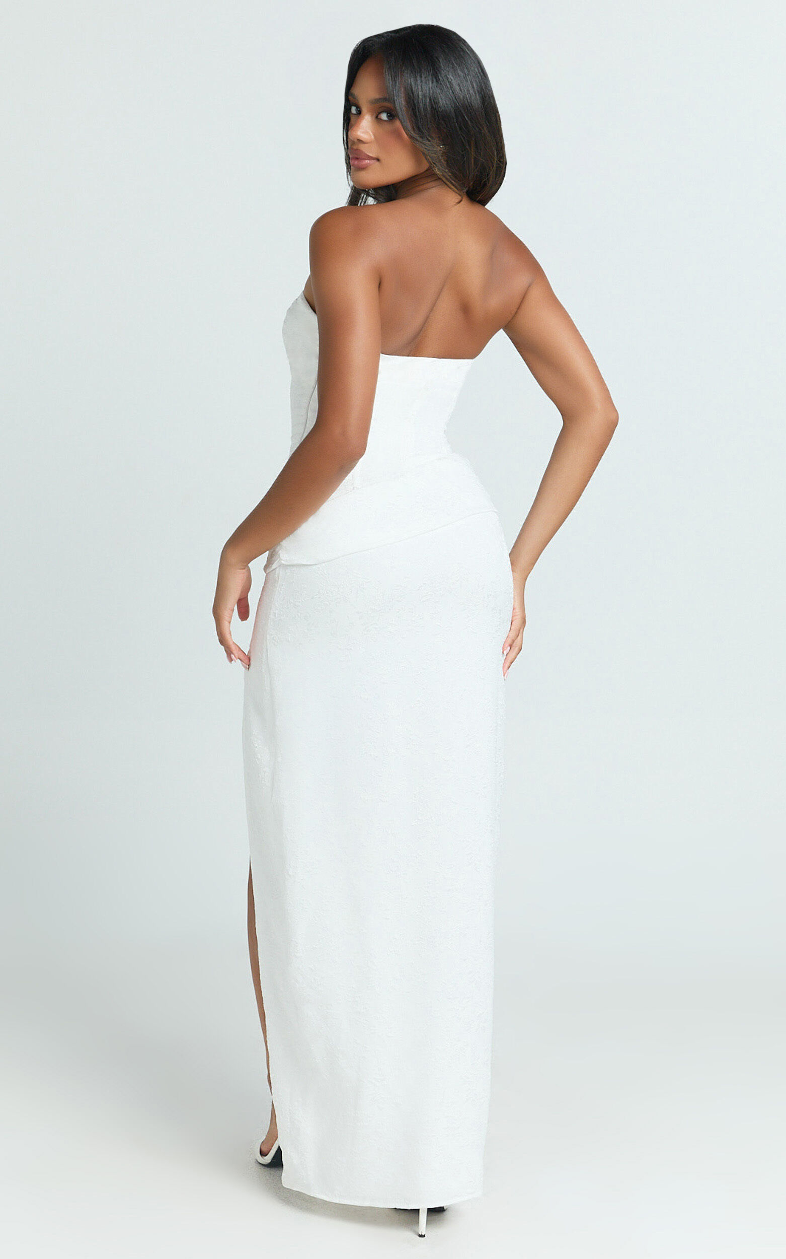 Berri Maxi Dress - Strapless Jacquard High Split Dress in White