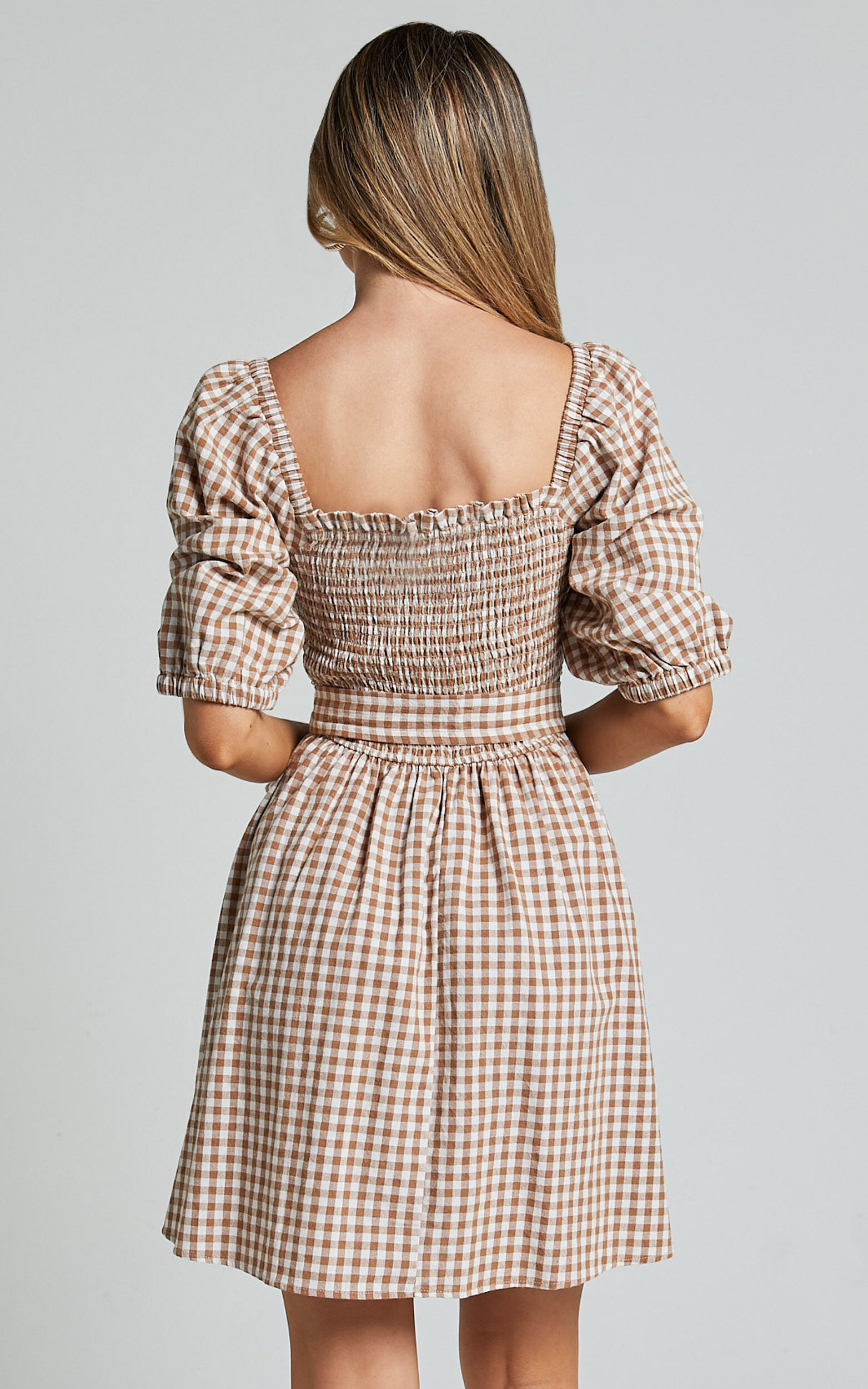Liza Mini Dress - Shirred Bodice Short Sleeve Tie Dress in Caramel and White Gingham