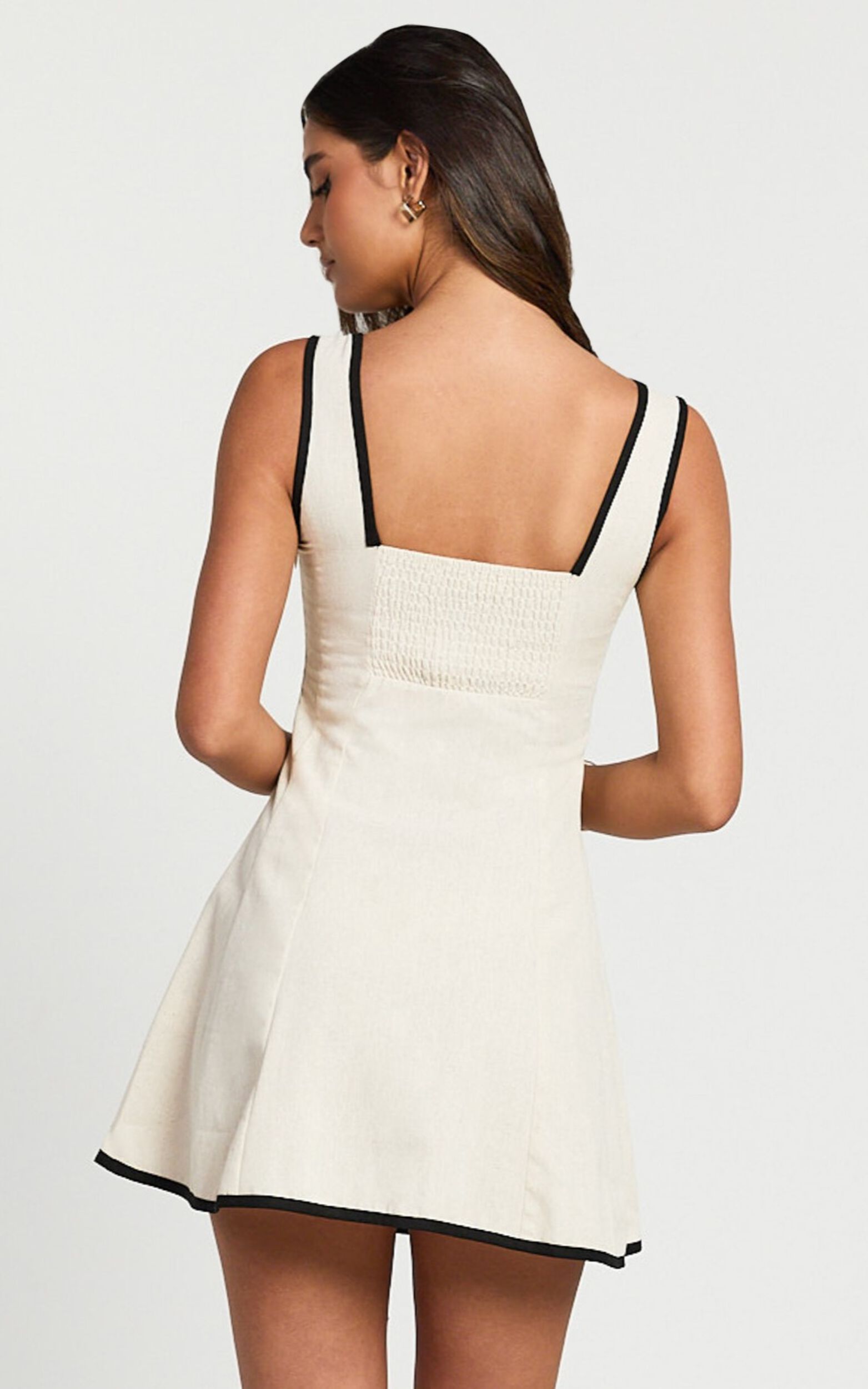 Antoni Mini Dress - Linen Ruched Back Square Neck Fit and Flare Dress in Natural