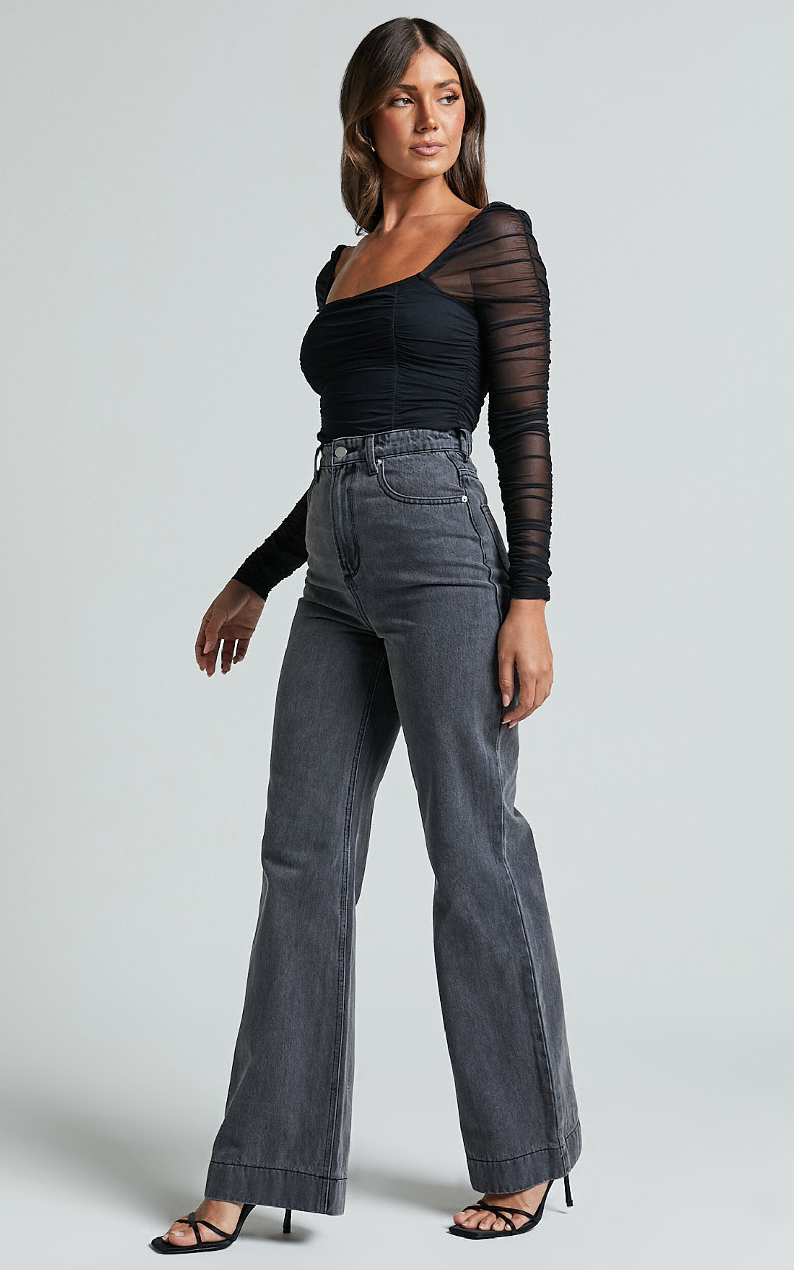 Casen Bodysuit - Long Sleeve Ruched Mesh Bodysuit in Black