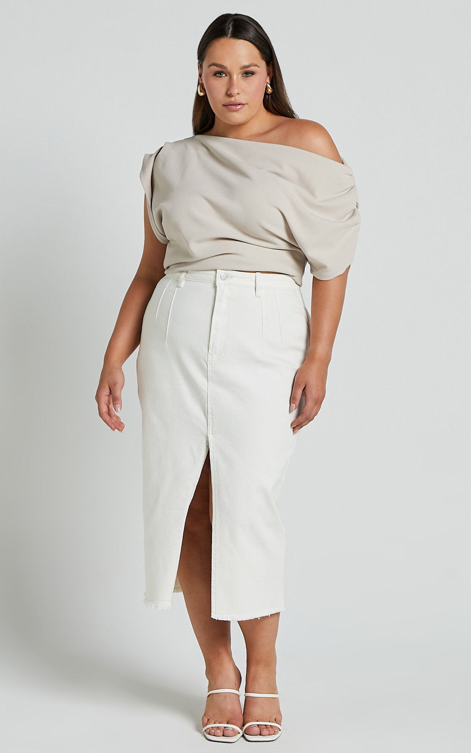 Janeve Midi Skirt - Front Split Denim Skirt in Ecru