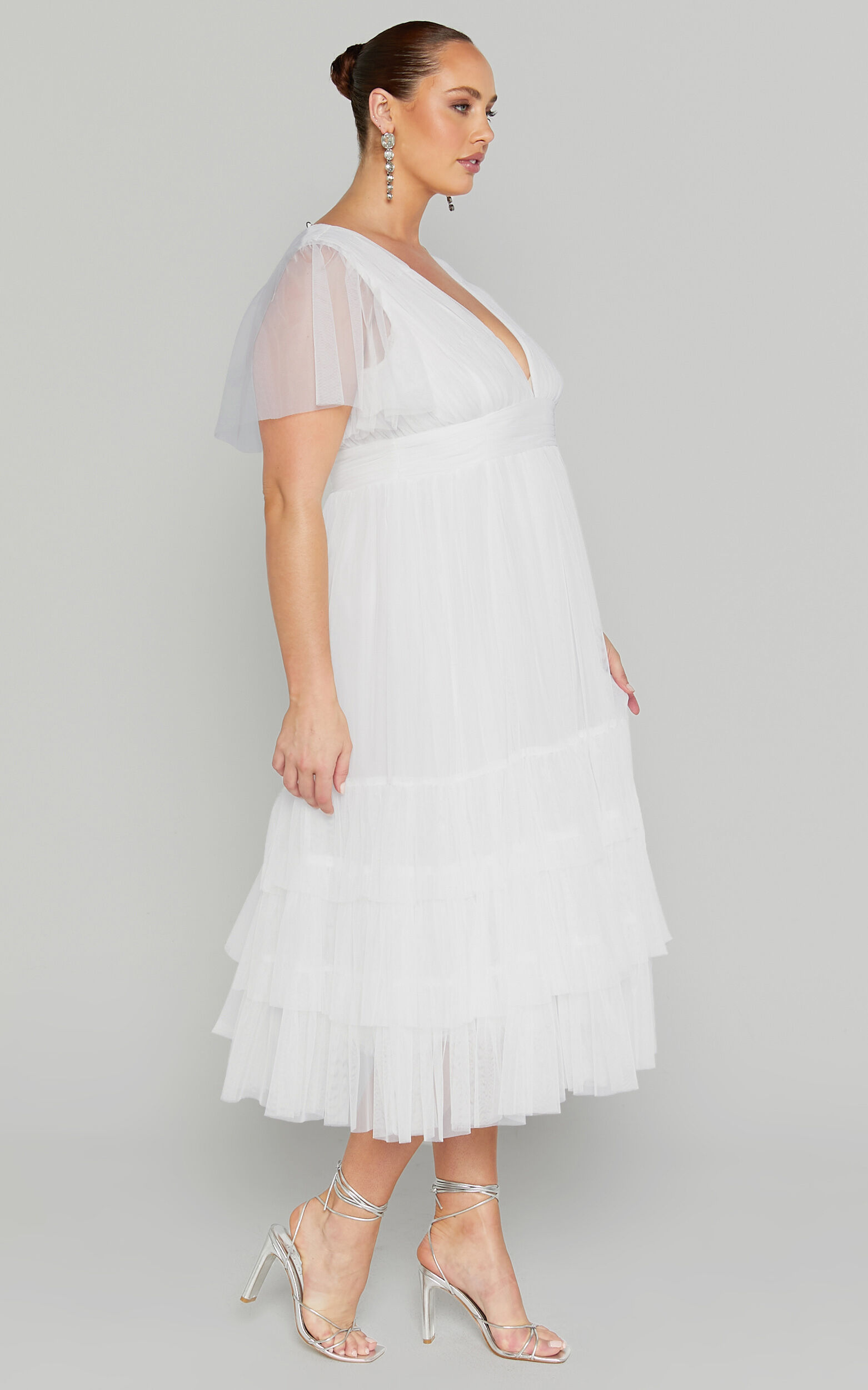 Jiraye Midi Dress - Flutter Sleeve Tuelle Plunge Dress in White