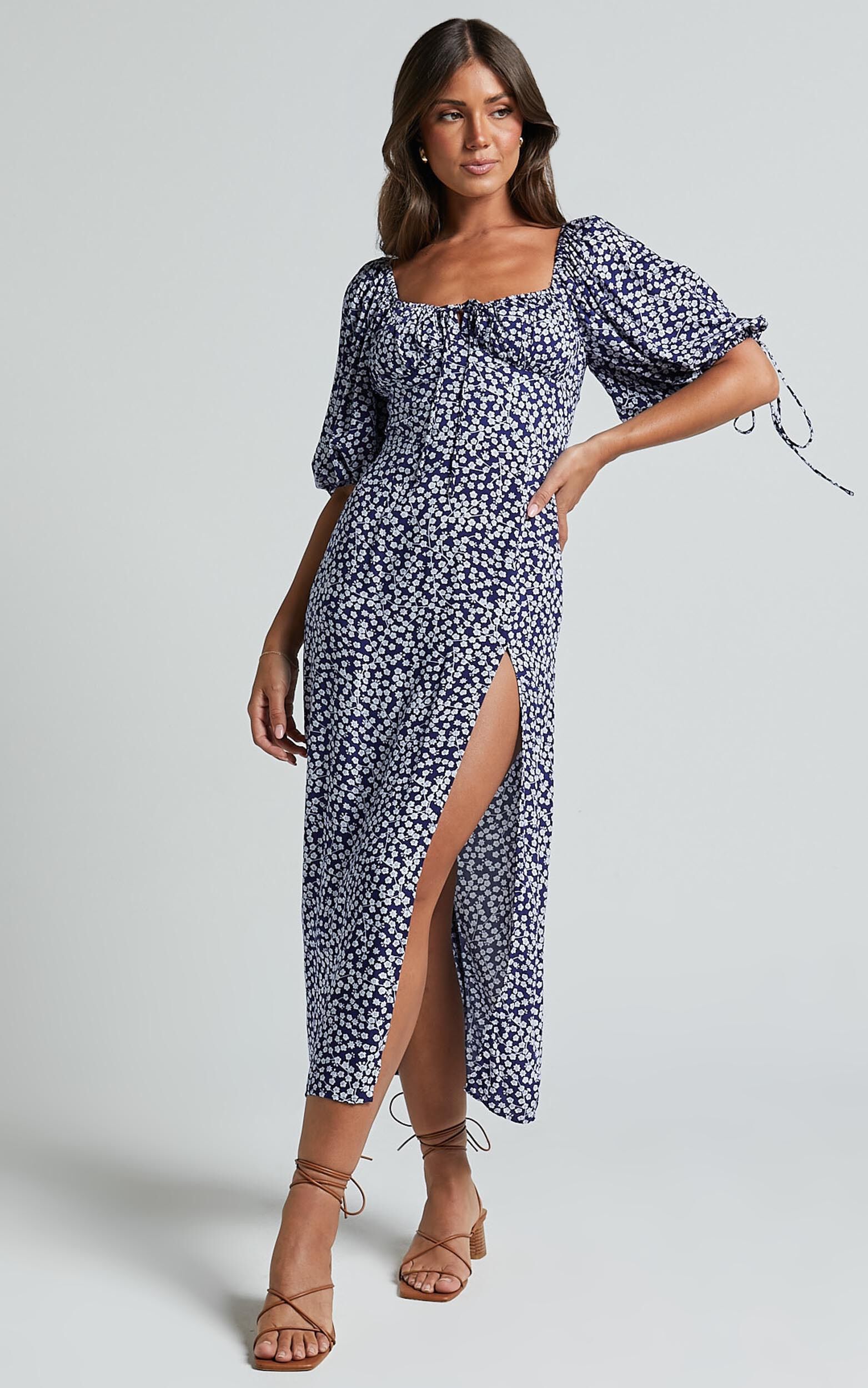 Rosario Midi Dress - Ruched Bust Puff Sleeve Dress in Blue Floral