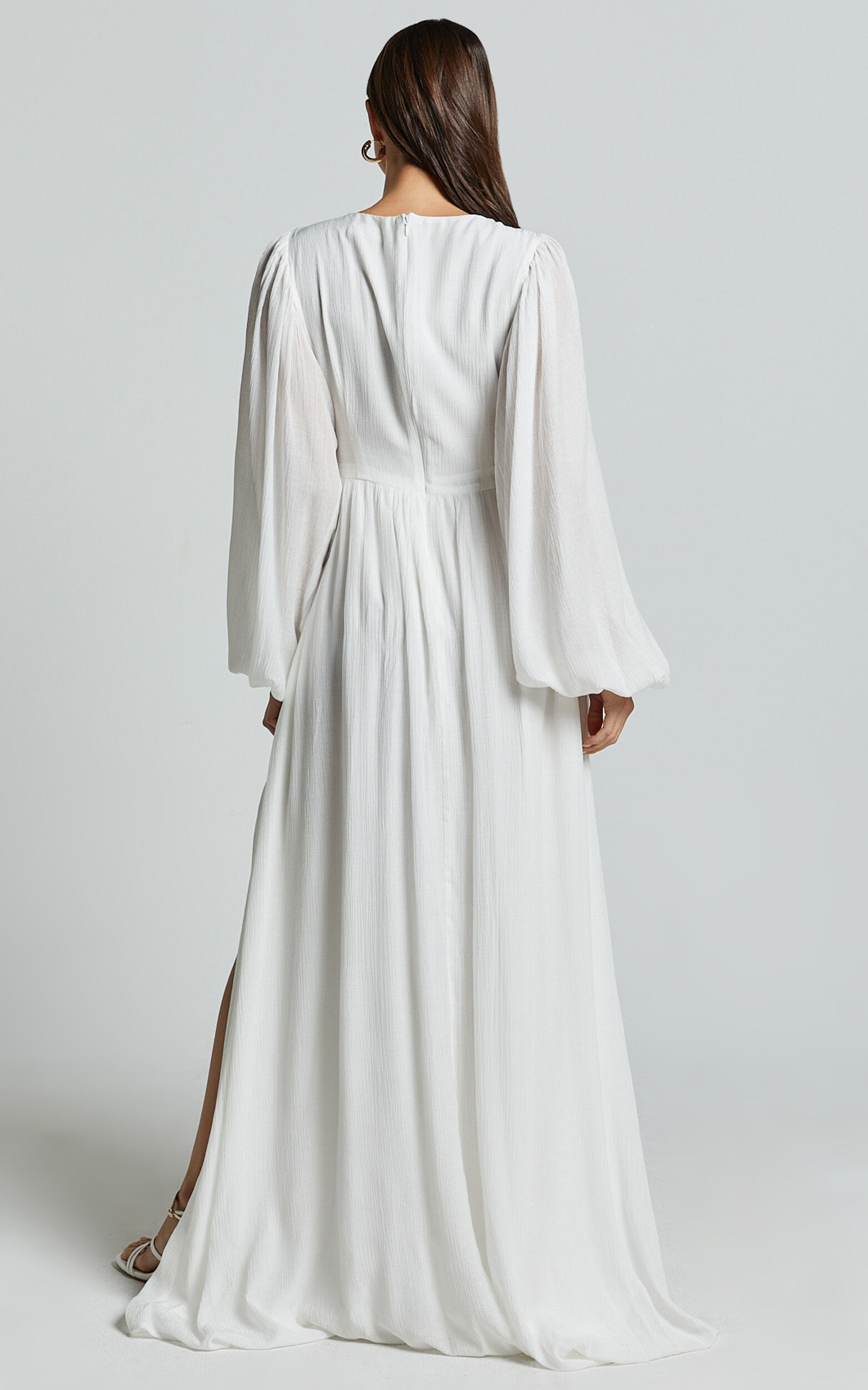 Paige Maxi Dress - Side Cut Out Balloon Sleeve Dress in White